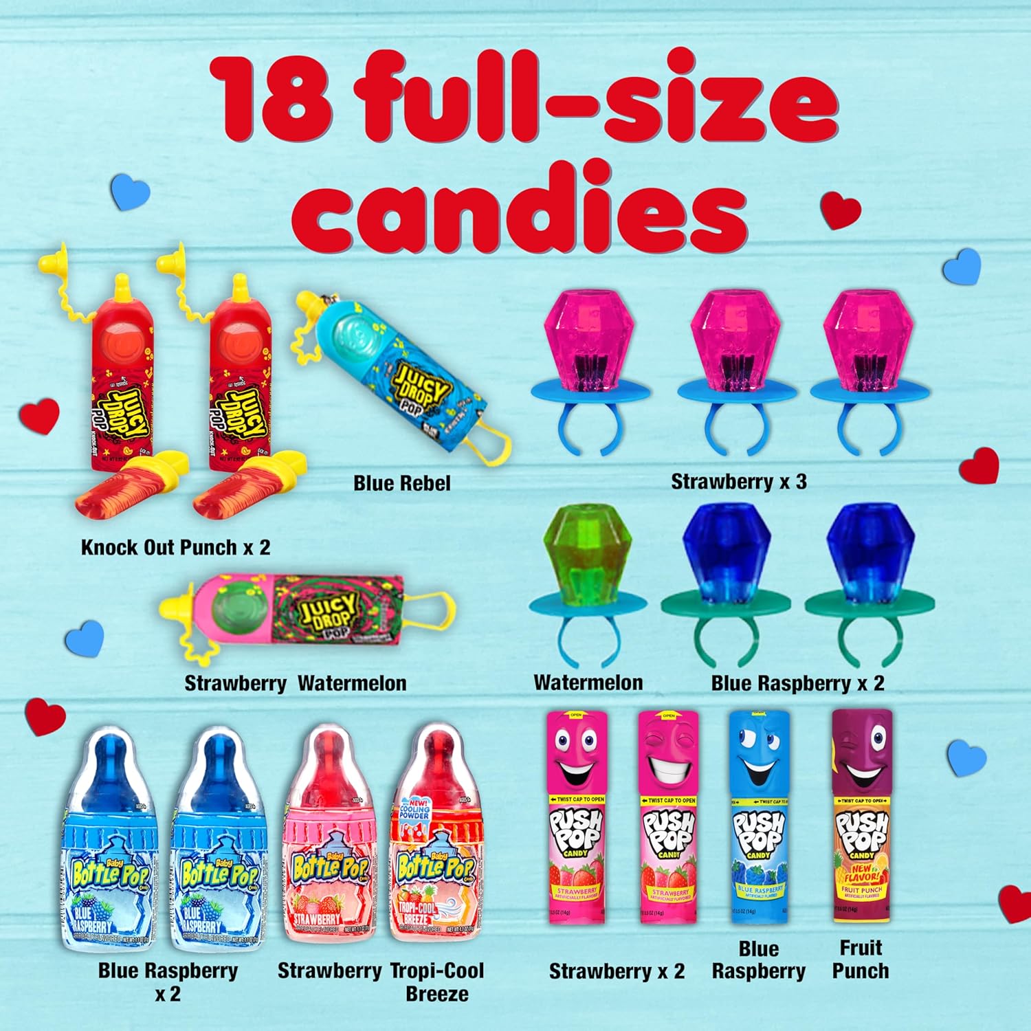 Bazooka Lollipops, 18-Count Assorted Valentine's Candy Variety Pack, Individually Wrapped Lollipops for Parties and Gifts