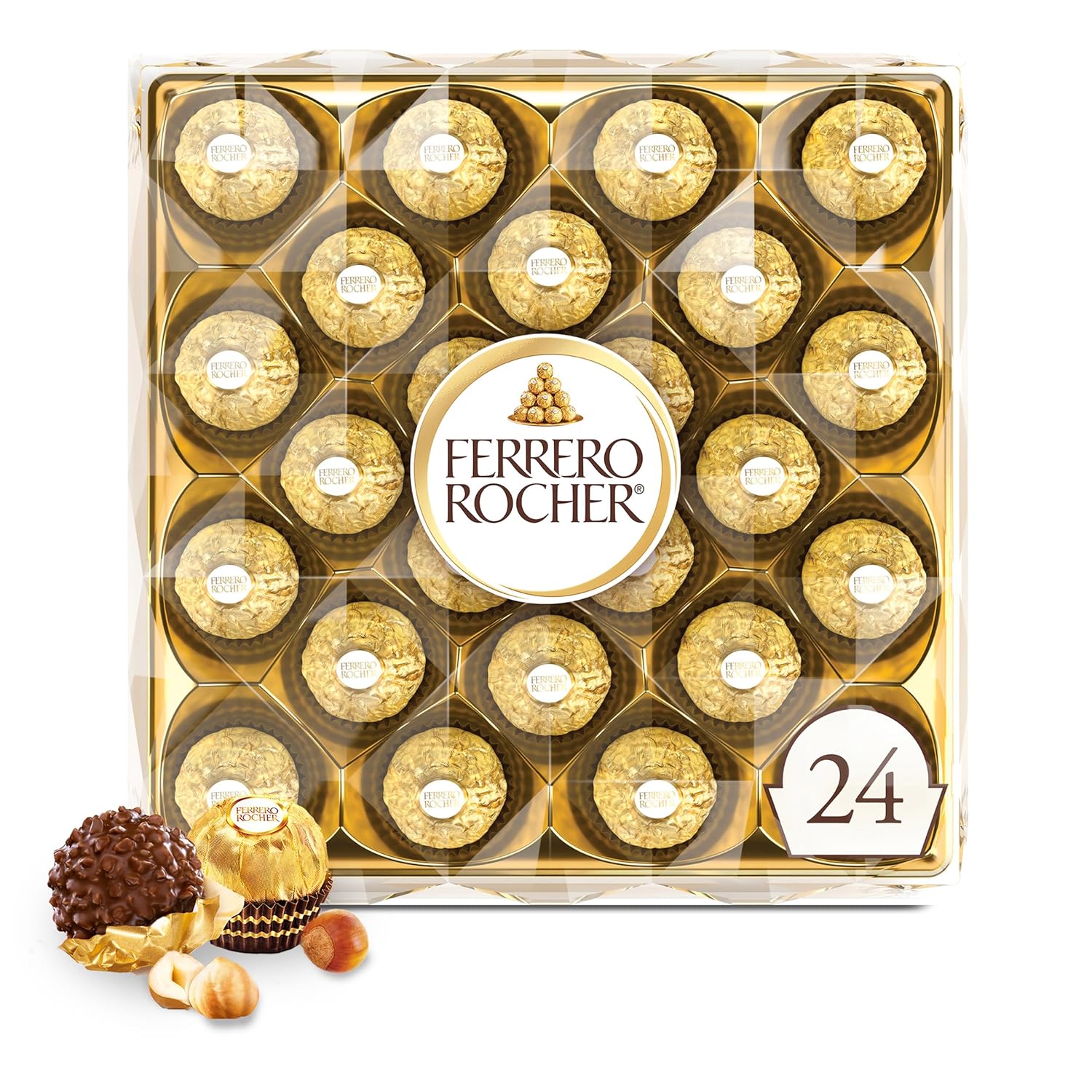 Ferrero Rocher, 24-count, individually wrapped, 10.6 oz premium milk chocolate hazelnut gift box