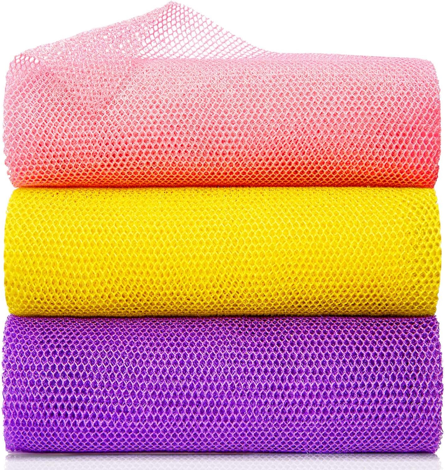 3 pieces premium nylon african bath sponge set, yellow pink purple, exfoliating net wash scrubber