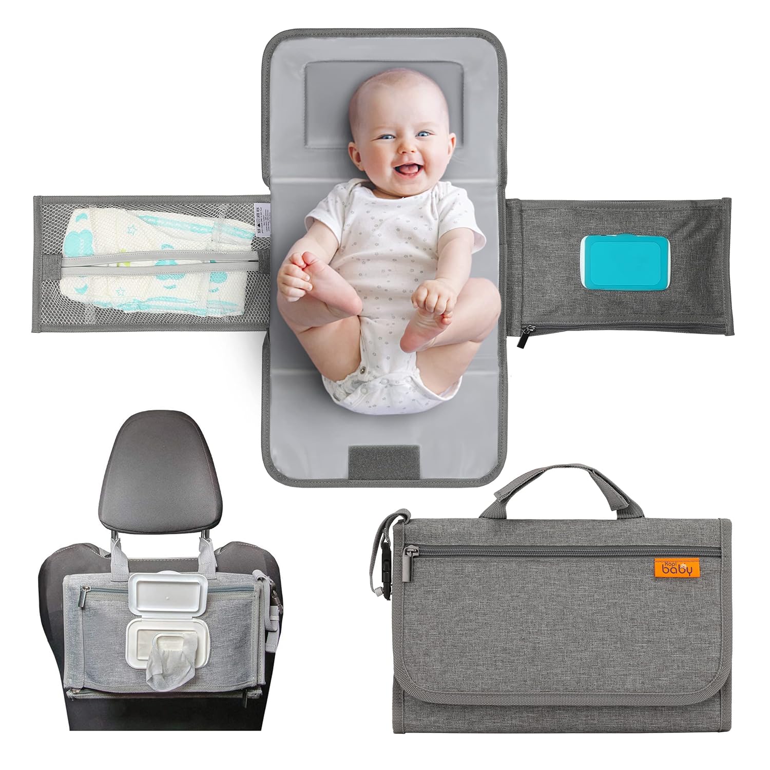 Kopi Baby Portable Diaper Changing Pad - Grey, Classic, 7.35 x 11.5 inches, Foldable, Infant Travel Station Kit, Newborn Gift