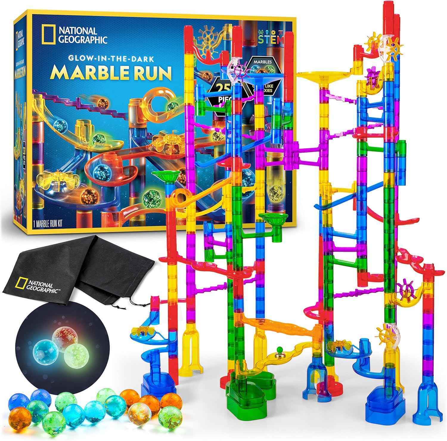NATIONAL GEOGRAPHIC Glowing Marble Run – Construction Set with 15 Glow in The Dark Glass Marbles & Storage Bag, STEM Gifts for Boys and Girls, Building Project Toy (Amazon Exclusive)