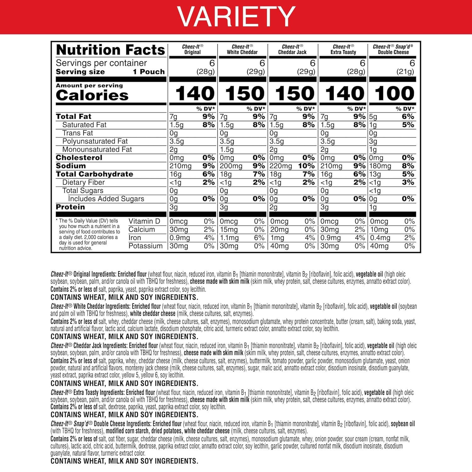 Cheez-It Original, Extra Toasty, Cheddar Jack, White Cheddar, and Cheez-It Snap'd Double Cheese Baked Snack Crackers Variety Pack, 28.74oz Box (30 Packs)