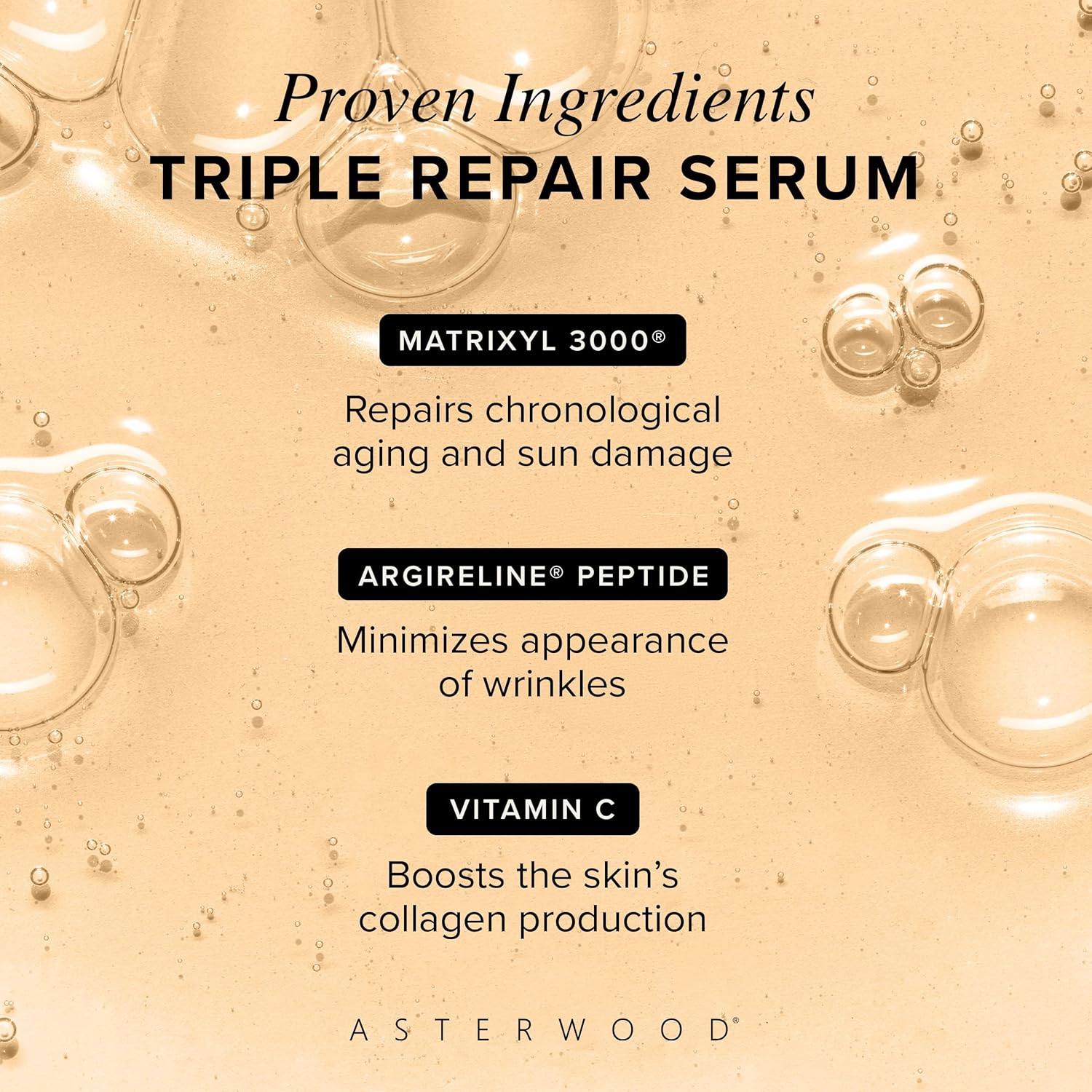 Asterwood Triple Repair Serum with Matrixyl 3000, Argireline, Hyaluronic Acid, and Vitamin C for anti-aging and collagen boosting - fragrance-free - 1 fl oz