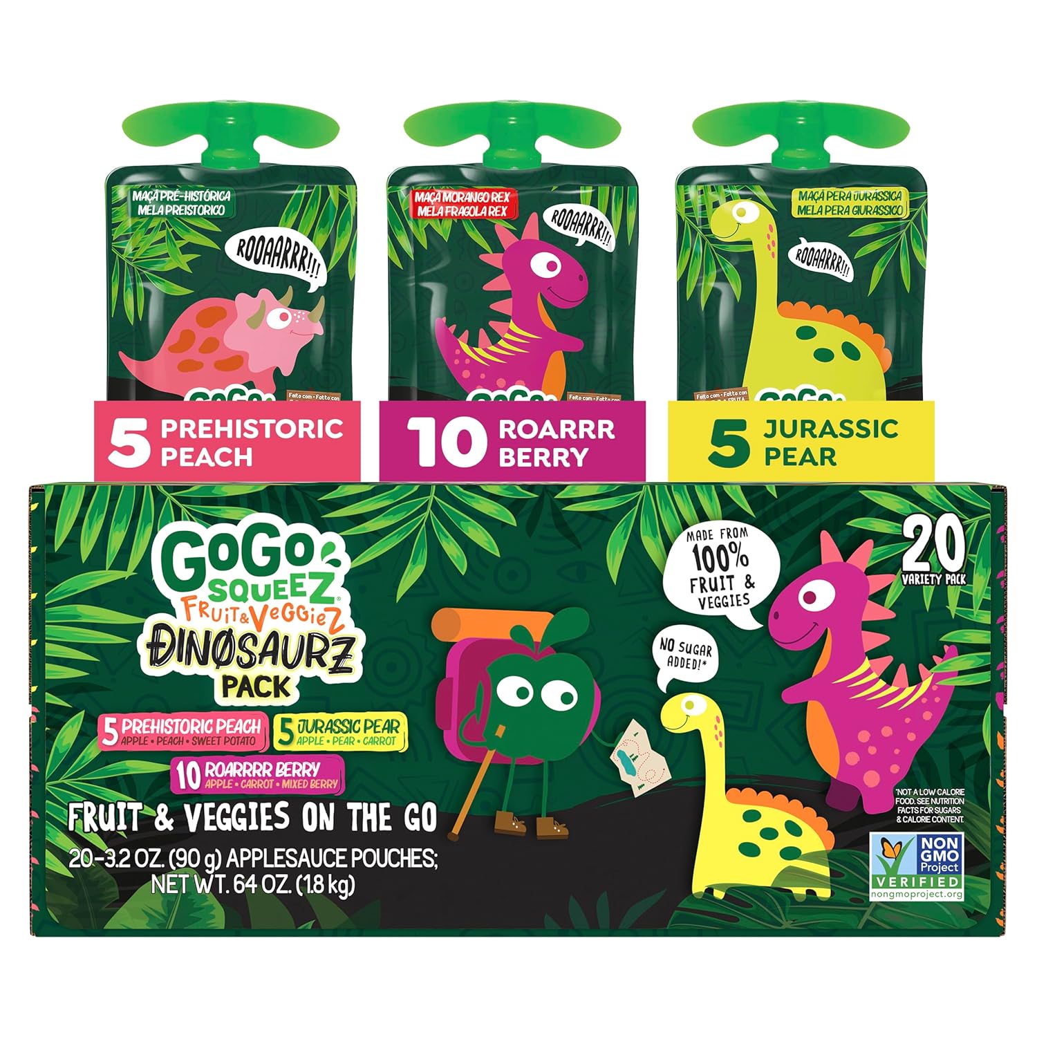gogo squeeZ fruit & veggieZ applesauce and puree variety pack, 20 count, 3.2 oz, unsweetened snacks for kids, bpa free pouches