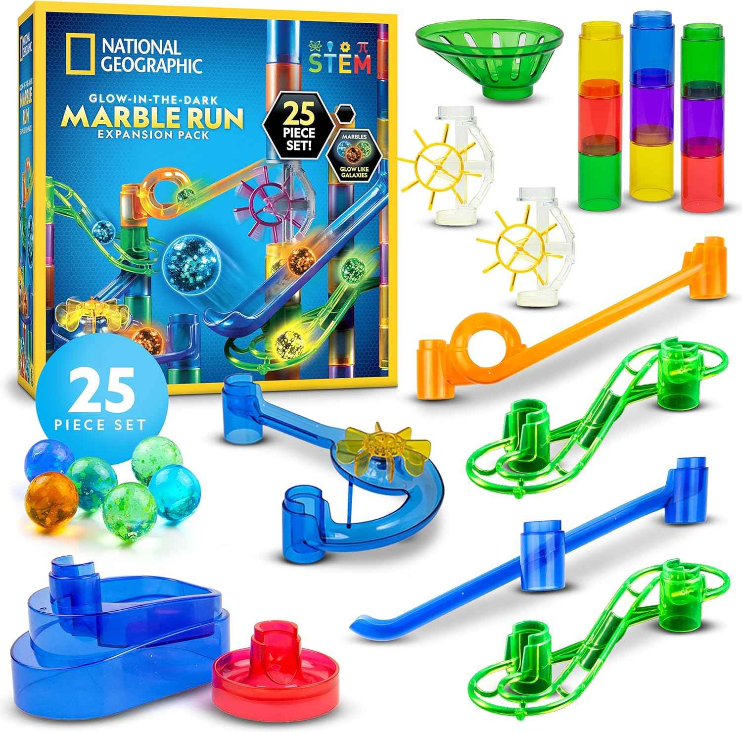 NATIONAL GEOGRAPHIC Glowing Marble Run – Construction Set with 15 Glow in The Dark Glass Marbles & Storage Bag, STEM Gifts for Boys and Girls, Building Project Toy (Amazon Exclusive)