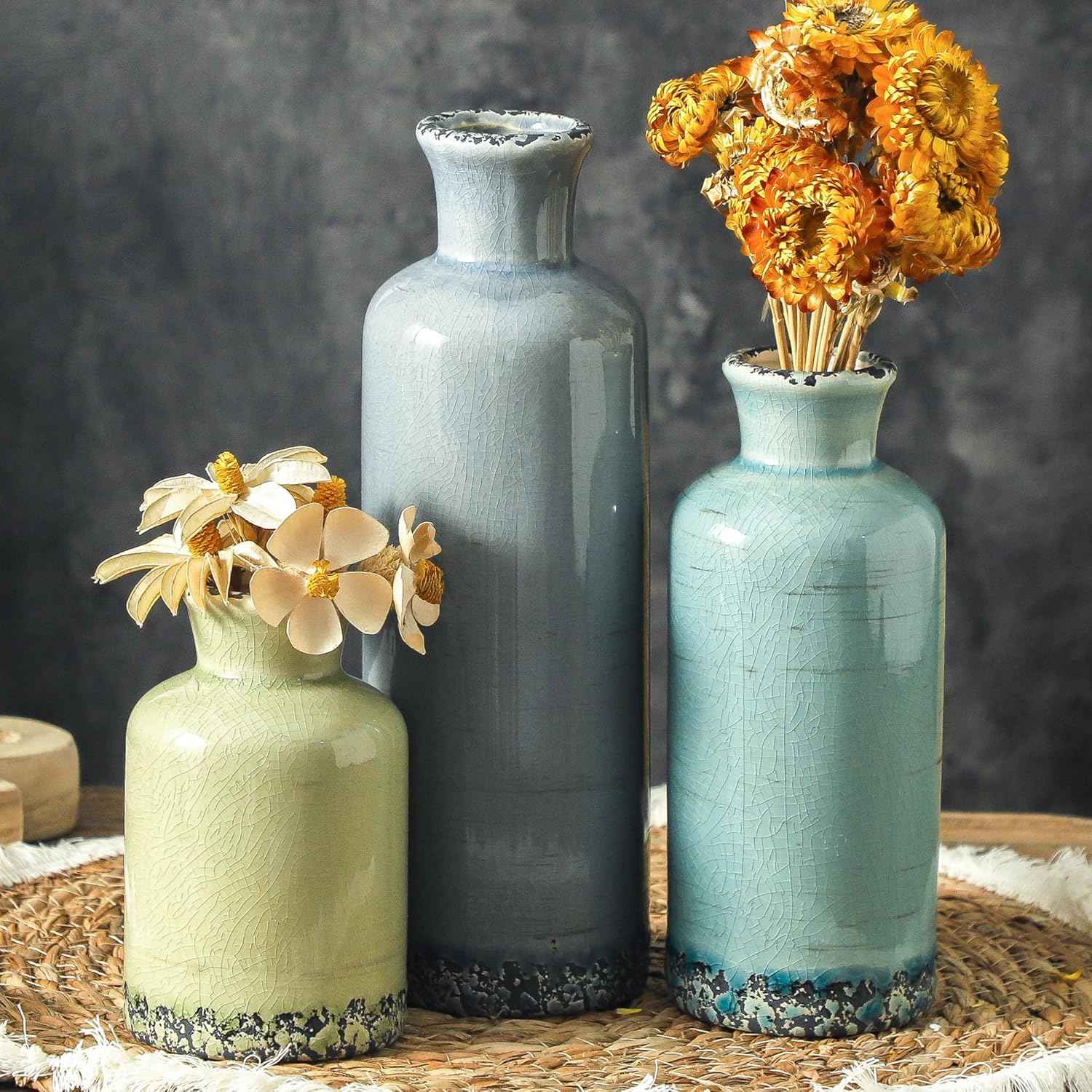 Ceramic Vase Set of 3, Neutral Flower Vases Home Decor, Pottery Rustic Farmhouse Decorative Vases Modern Decor for Table Mantel Entryway Bookshelf Living Room Kitchen Bedroom - Brown