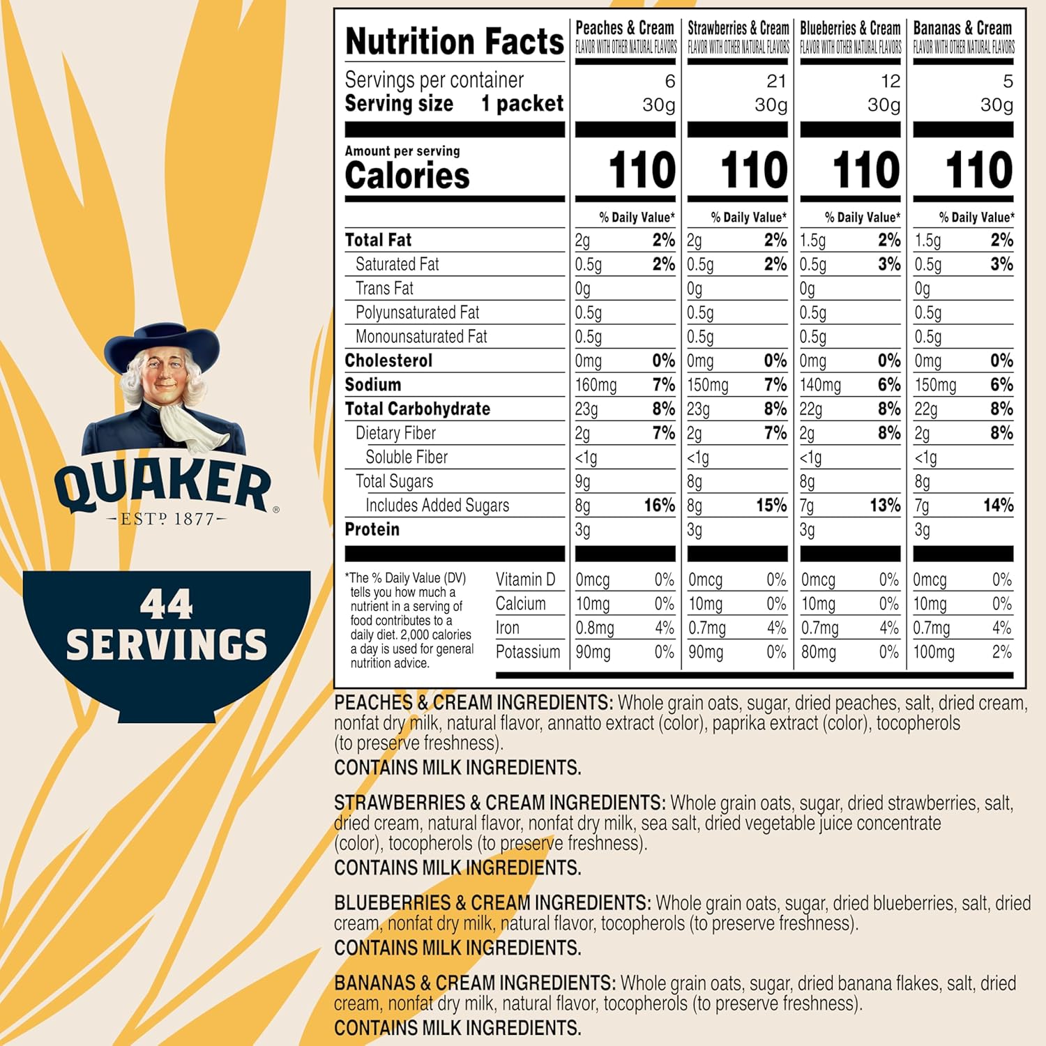 quaker instant oatmeal fruit & cream variety pack, 44 single serve packets, whole grain quaker oats