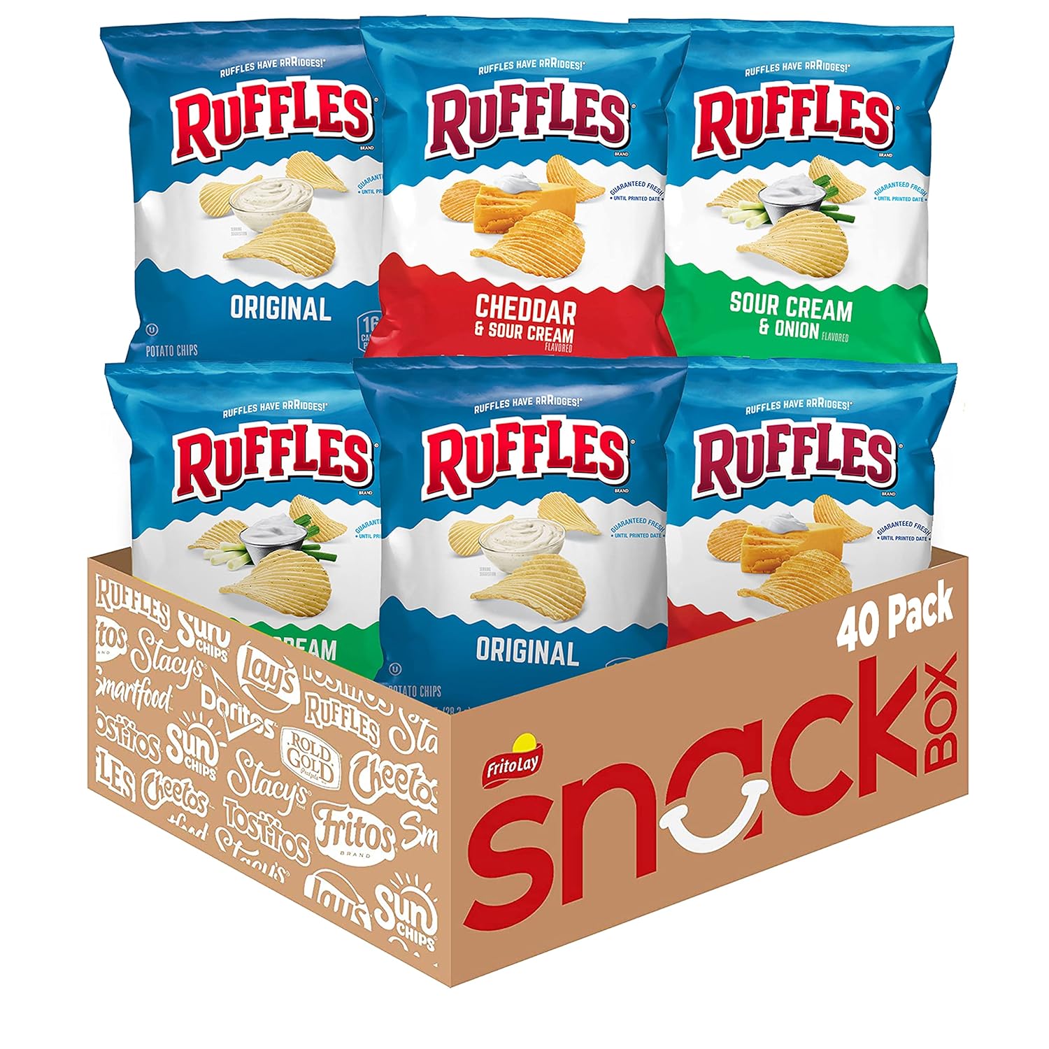 ruffles potato chips variety pack, 40-count, original, sour cream & onion, cheddar sour cream