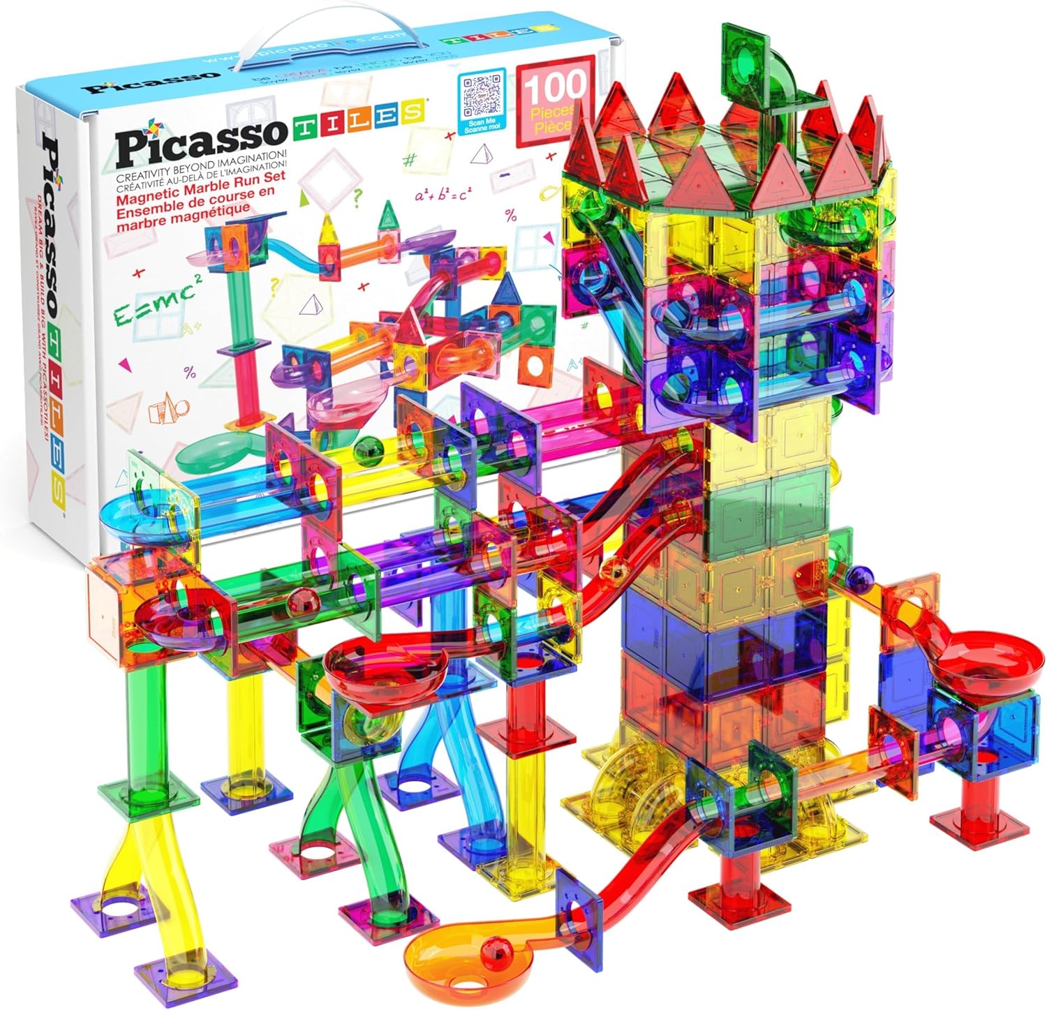 PicassoTiles 100pc Magnetic Marble Run Set with Racing Track Tiles Funnels Curved Slopes and Steel Balls for Kids STEM Construction Indoor Learning Toy that Promotes Focus and Problem Solving PTG100