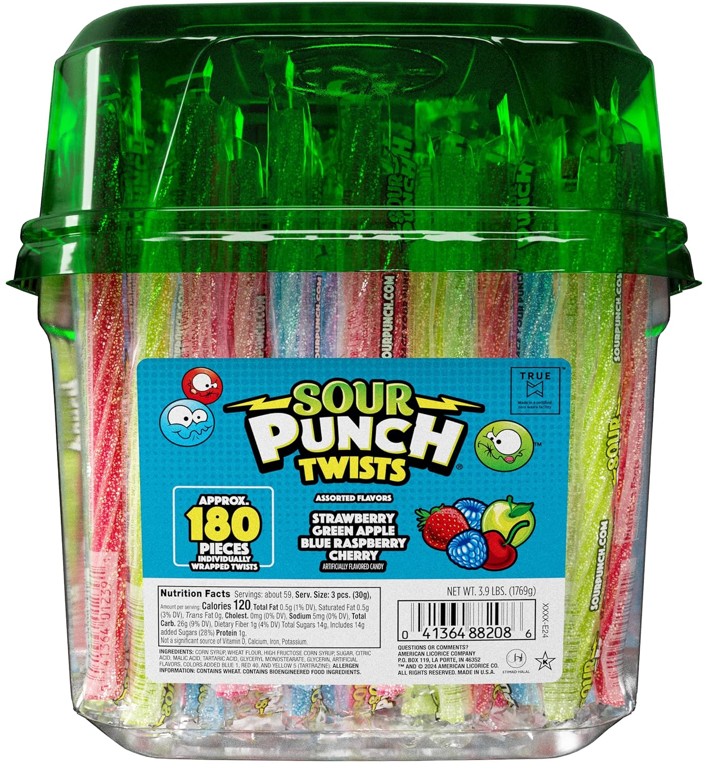 Sour Punch Twists, 6" individually wrapped sour candy, 4 assorted fruity flavors, 3.9-pound tub