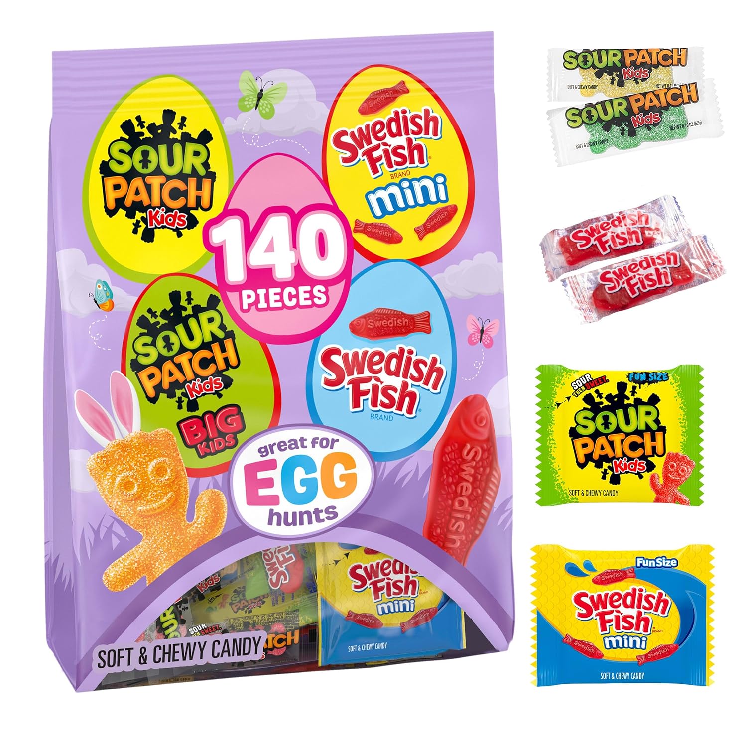 sour patch kids, sour patch kids big kids, swedish fish and swedish fish mini assorted soft & chewy easter candy variety pack, bulk, 140 snack packs