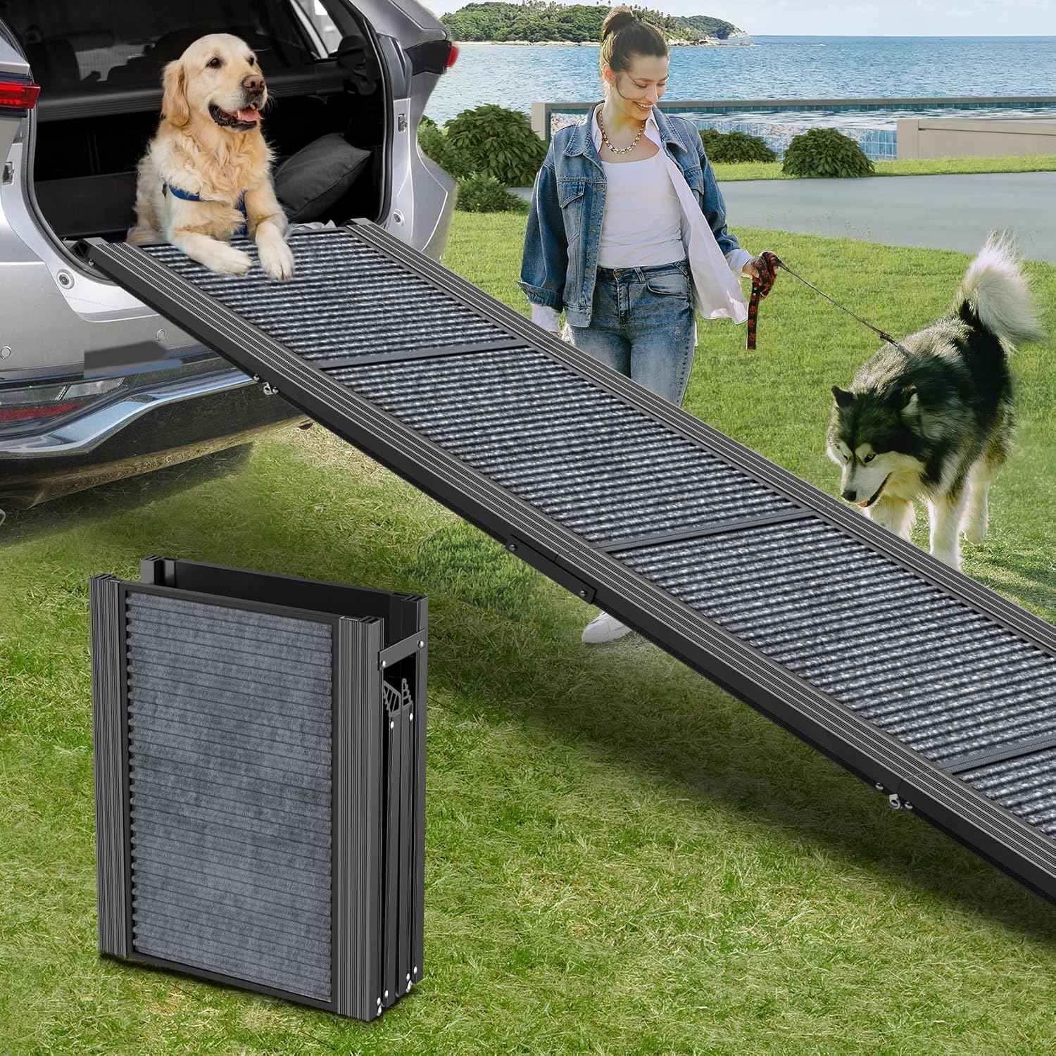 Dog Ramp for Car 63" Long & 17" Wide Portable Dog Ramps for Large Dogs with Non-Slip Rug Surface Dog Car Ramp for SUV Car & Truck, Folding Dog Ramp Up to 250LBS