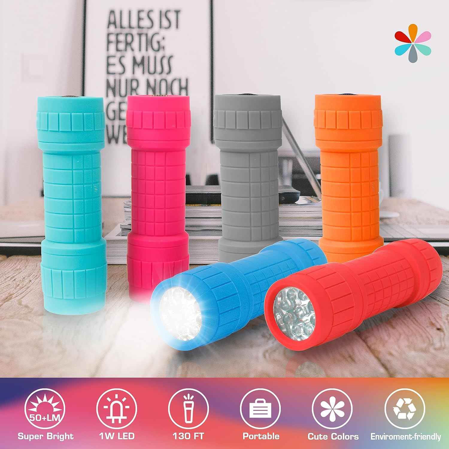 EverBrite 9-LED Flashlight 6-Pack Impact Handheld Torch Assorted Colors with Lanyard 3AAA Battery Included (Hurricane Supplies, Camping, Hiking, Emergency, Hunting)