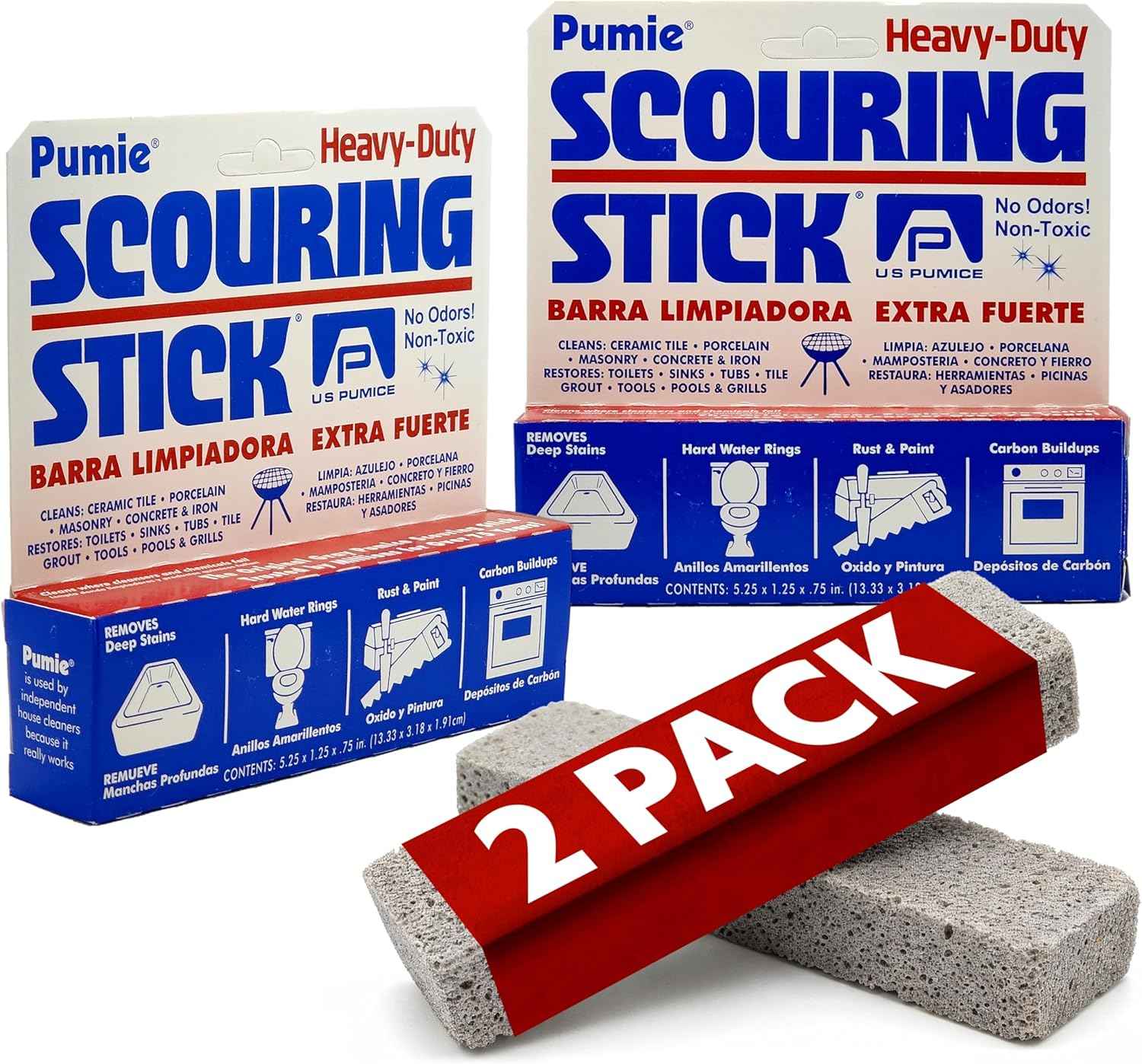 PUMIE Scouring Stick 2 Pack, Toilet Bowl Ring Remover, Heavy Duty Extra Strong Pumice Cleaning Bar, Pumice Stone for Cleaning Toilet Rings, Bathroom & Kitchen Stains by USPumice