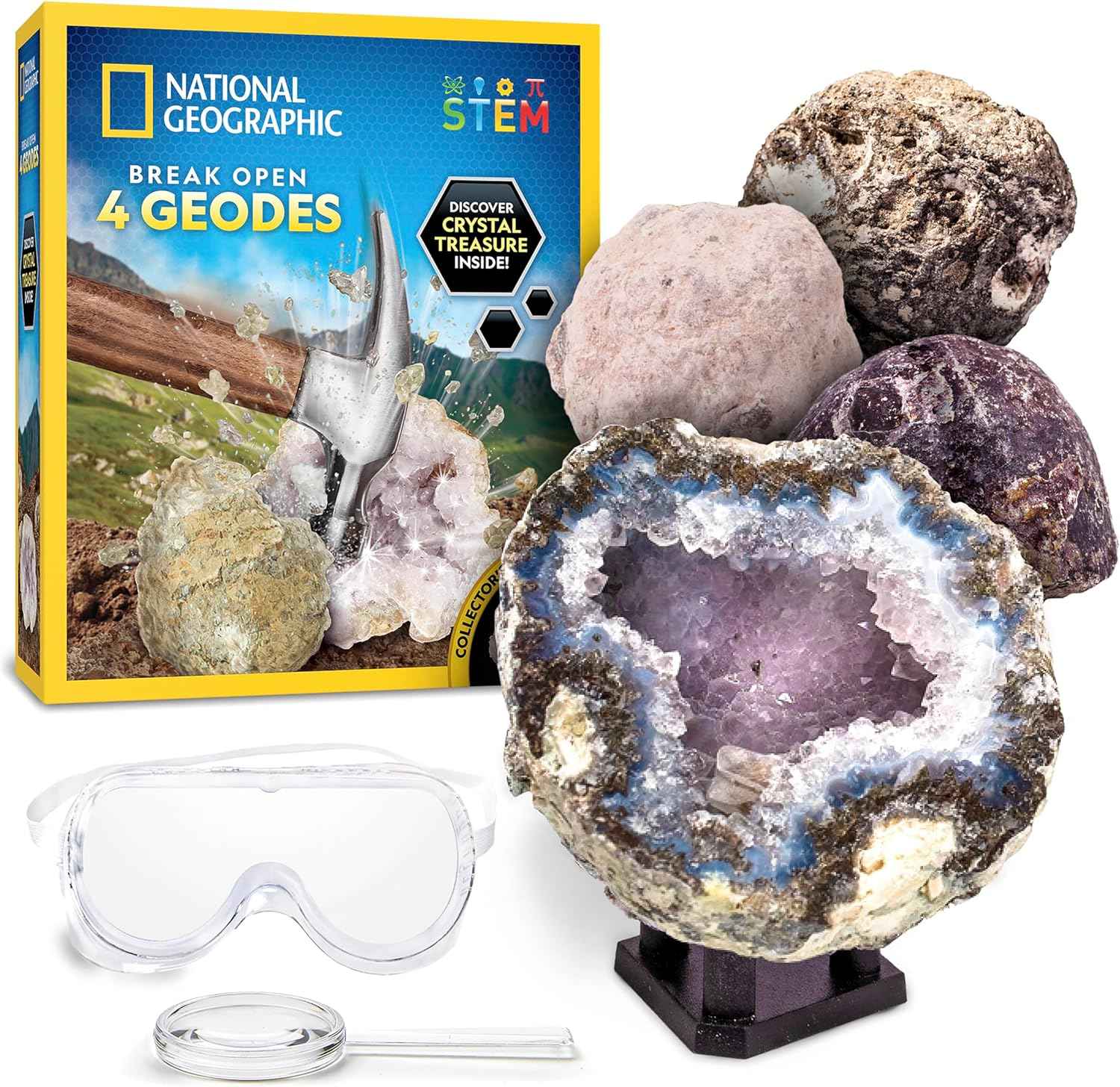National Geographic Break Open 10 Premium Geodes – Includes Goggles & 2 Display Stands - Great STEM Science Kit, Geology Gift for Kids, Break Your Own Geodes with Crystals
