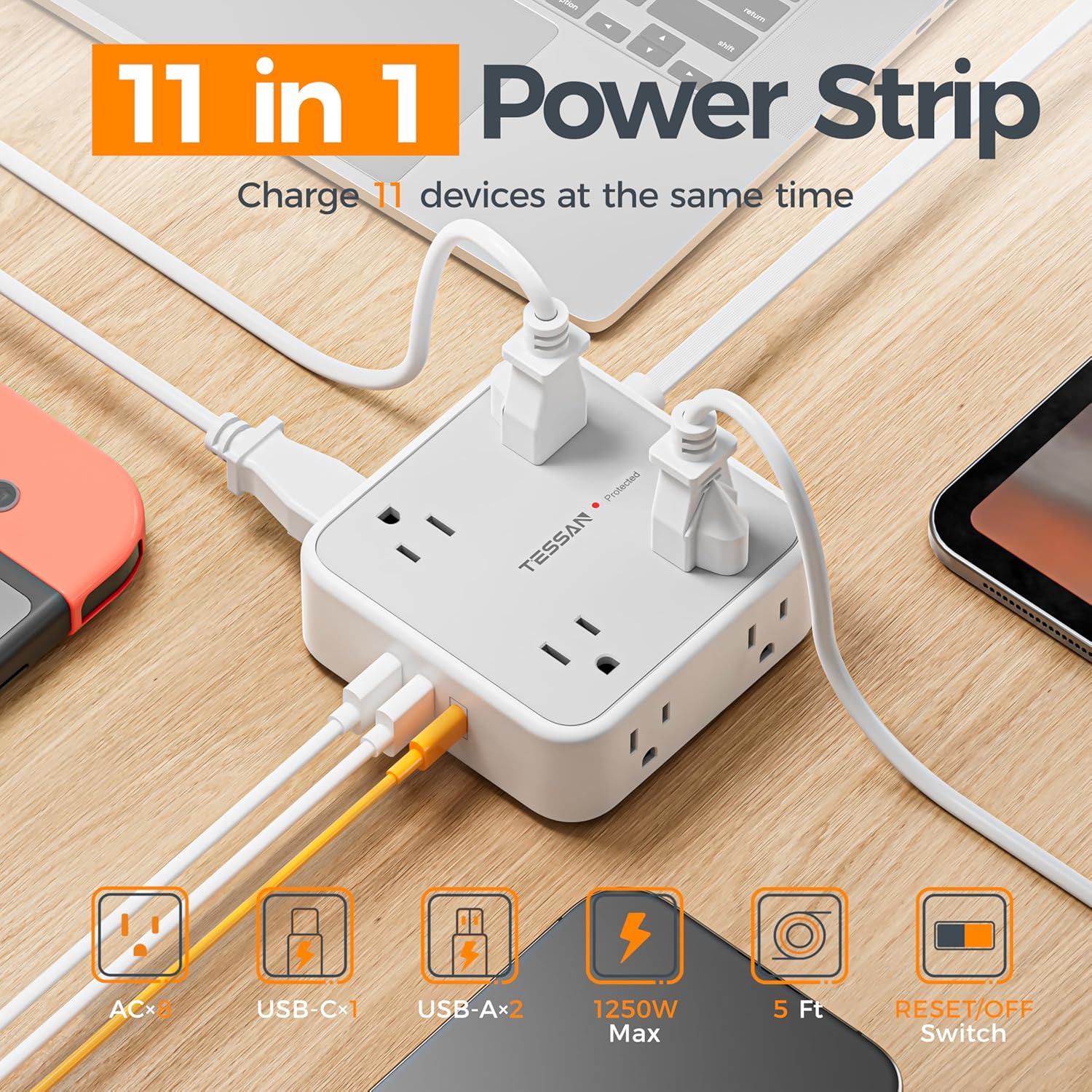 TESSAN Surge Protector Power Strip, 5 Ft Flat Plug Extension Cord with 3 USB (1 USB C) 8 Outlets, 1250W, 900J Protection, 3 Sided Outlet Extender with Power Switch for Office, Dorm Room, Grey