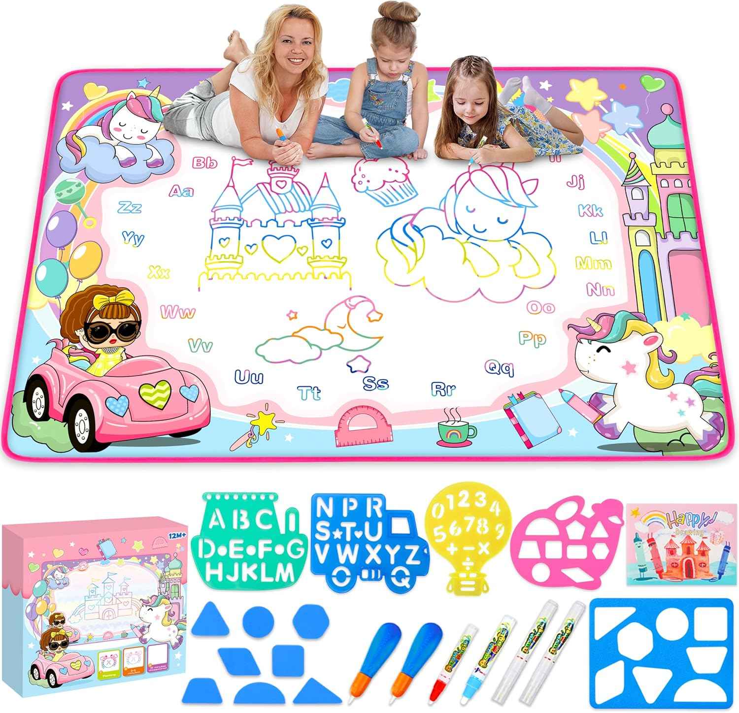 Water Doodle Mat - Kids Painting Writing Color Doodle Drawing Mat Toy Bring Magic Pens Educational Toys for Age 3 4 5 6 7 Year Old Girls Boys Age Toddler Gift