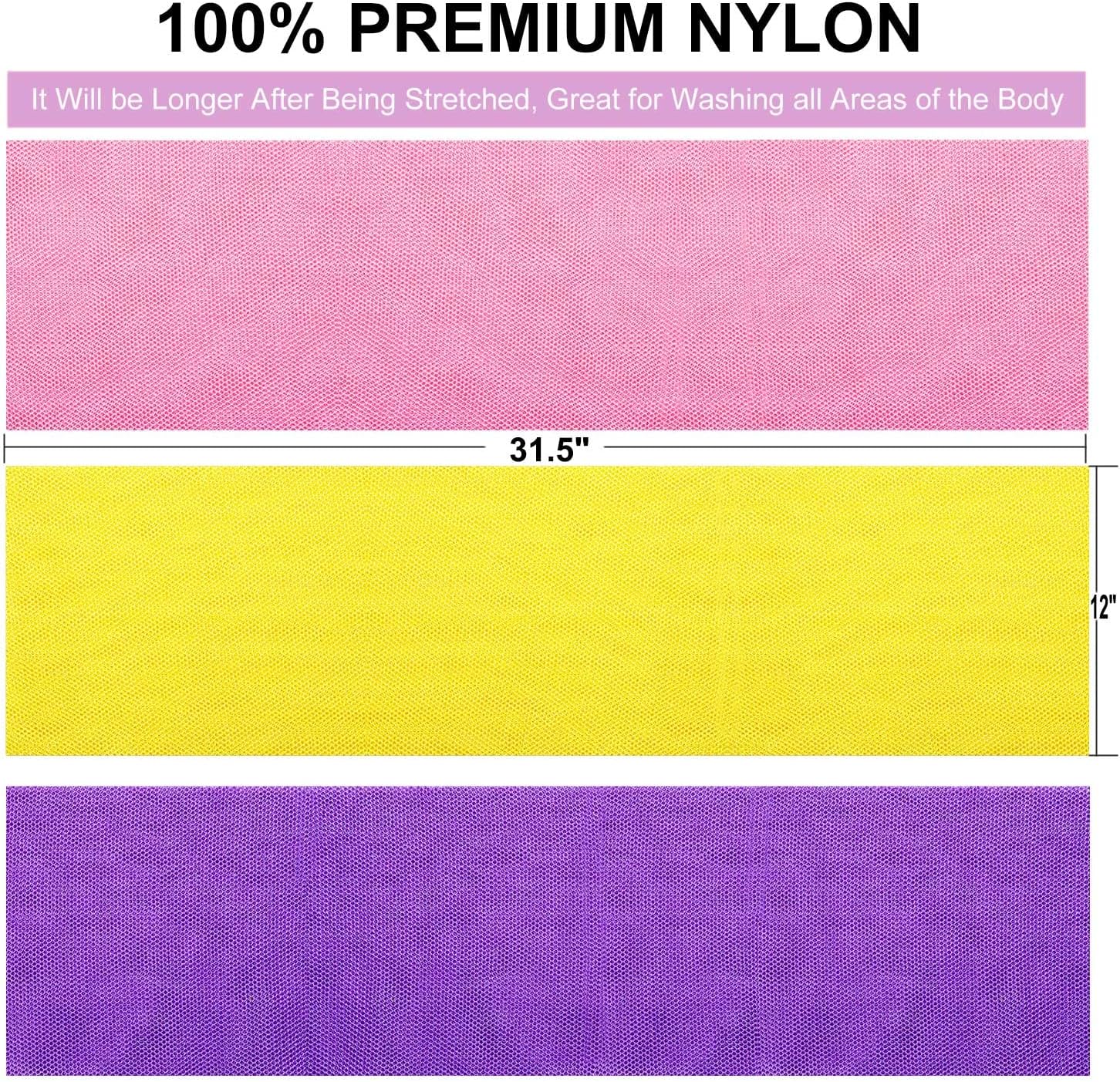 3 pieces premium nylon african bath sponge set, yellow pink purple, exfoliating net wash scrubber