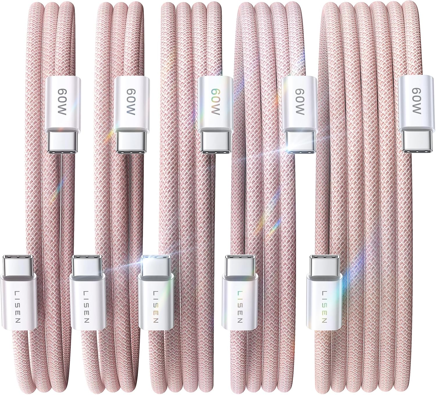 Lisen 5-pack usb c to c cable, 60w fast charging, 10ft for iphone 17, ipad, galaxy s25/s24