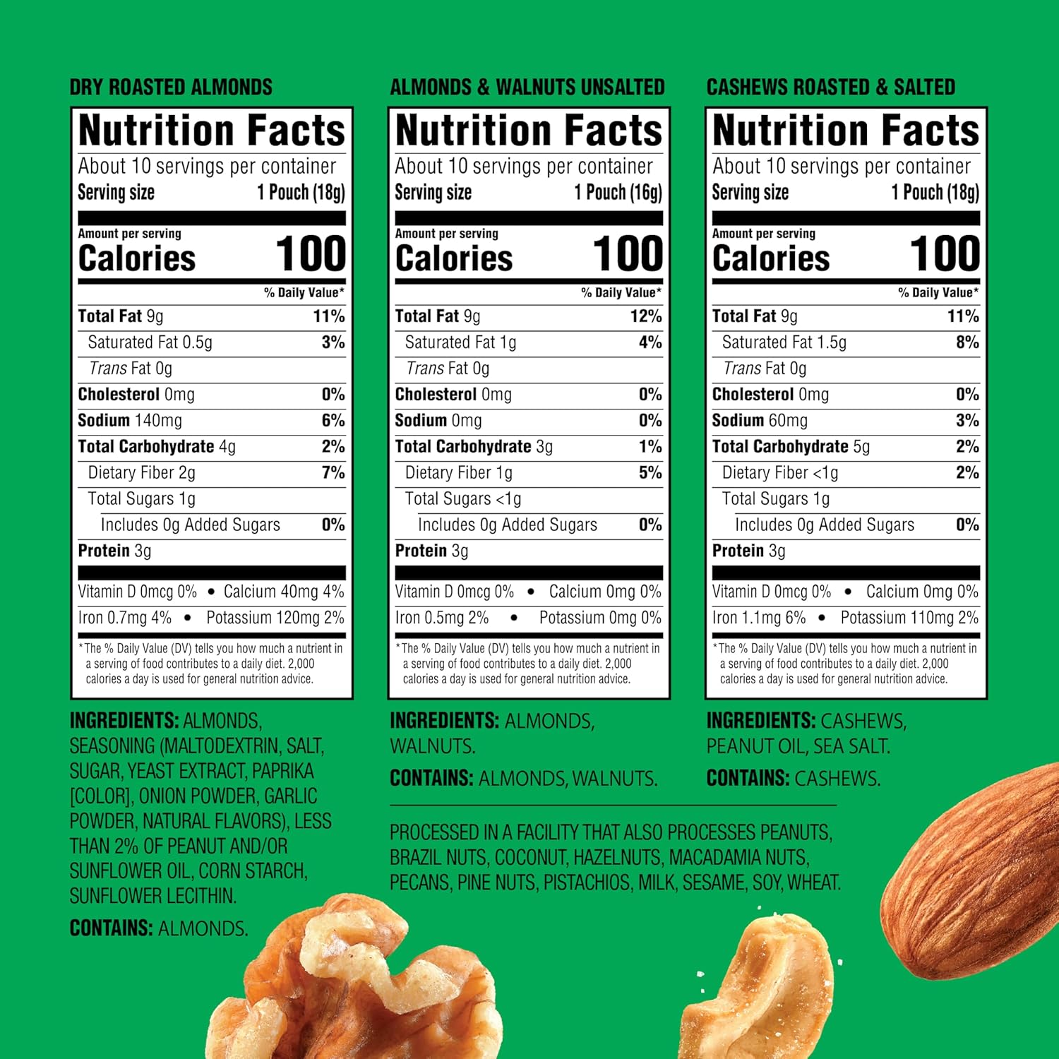 emerald nuts 18ct mixed nuts variety pack 100-calorie individual packs dry roasted almonds natural almonds walnuts roasted salted cashews