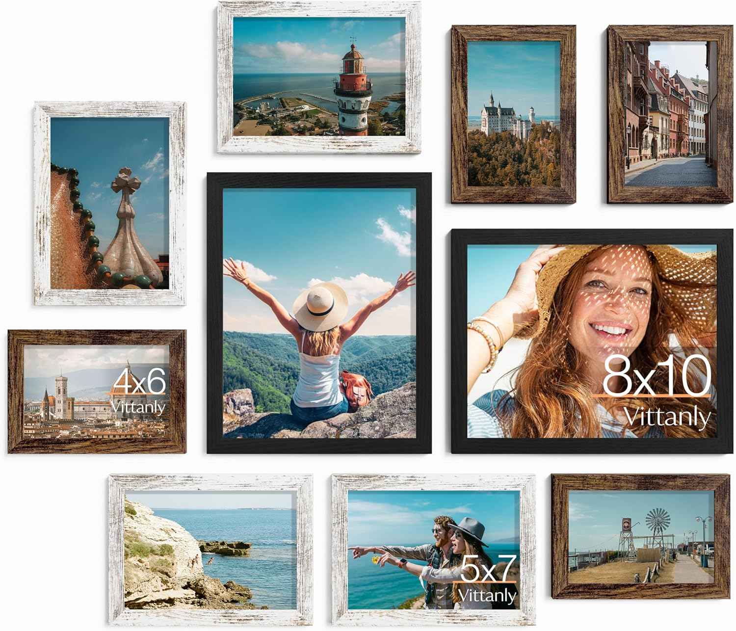 Vittanly 10 Pack Picture Frames Collage Wall Decor, Gallery Wall Frame Set for Wall or Tabletop Display, Engineered Wood and Shatter-resistant Plexiglass, Multi Sizes with 8x10, 5x7, 4x6 Frames, Black