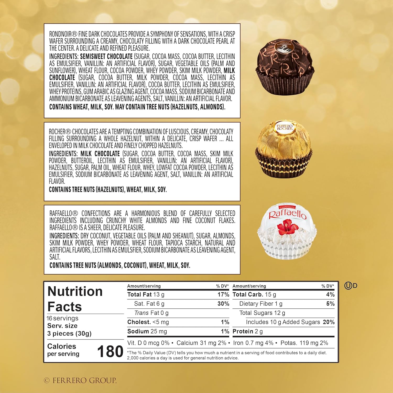 Ferrero Rocher 48 Count Gift Set, 4.6 oz, Hazelnut Milk, Dark Chocolate, and Coconut