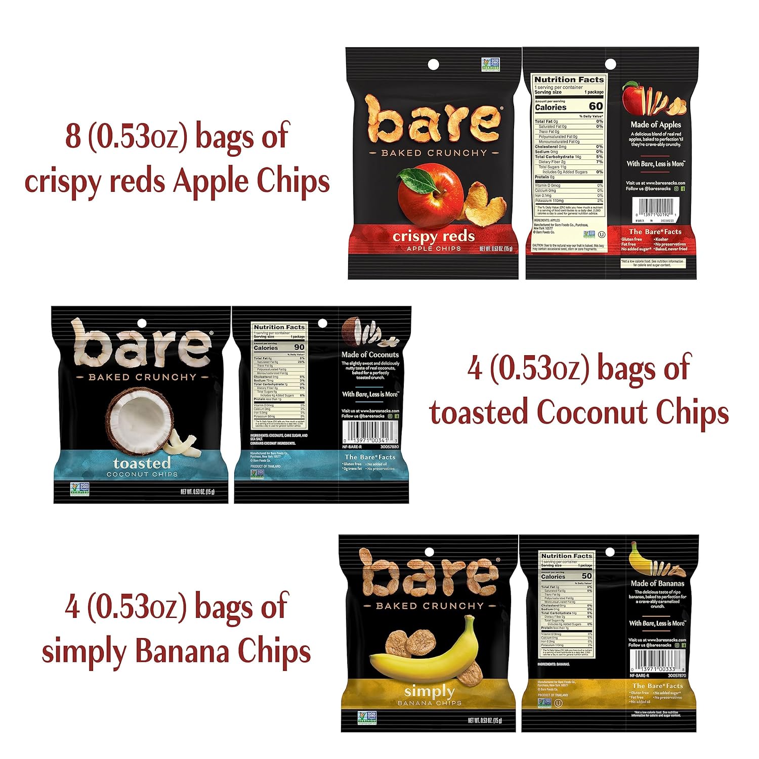 Bare Baked Crunchy Fruit Variety Pack, 0.53 Ounce, Gluten-Free, Non-GMO, Pack of 16