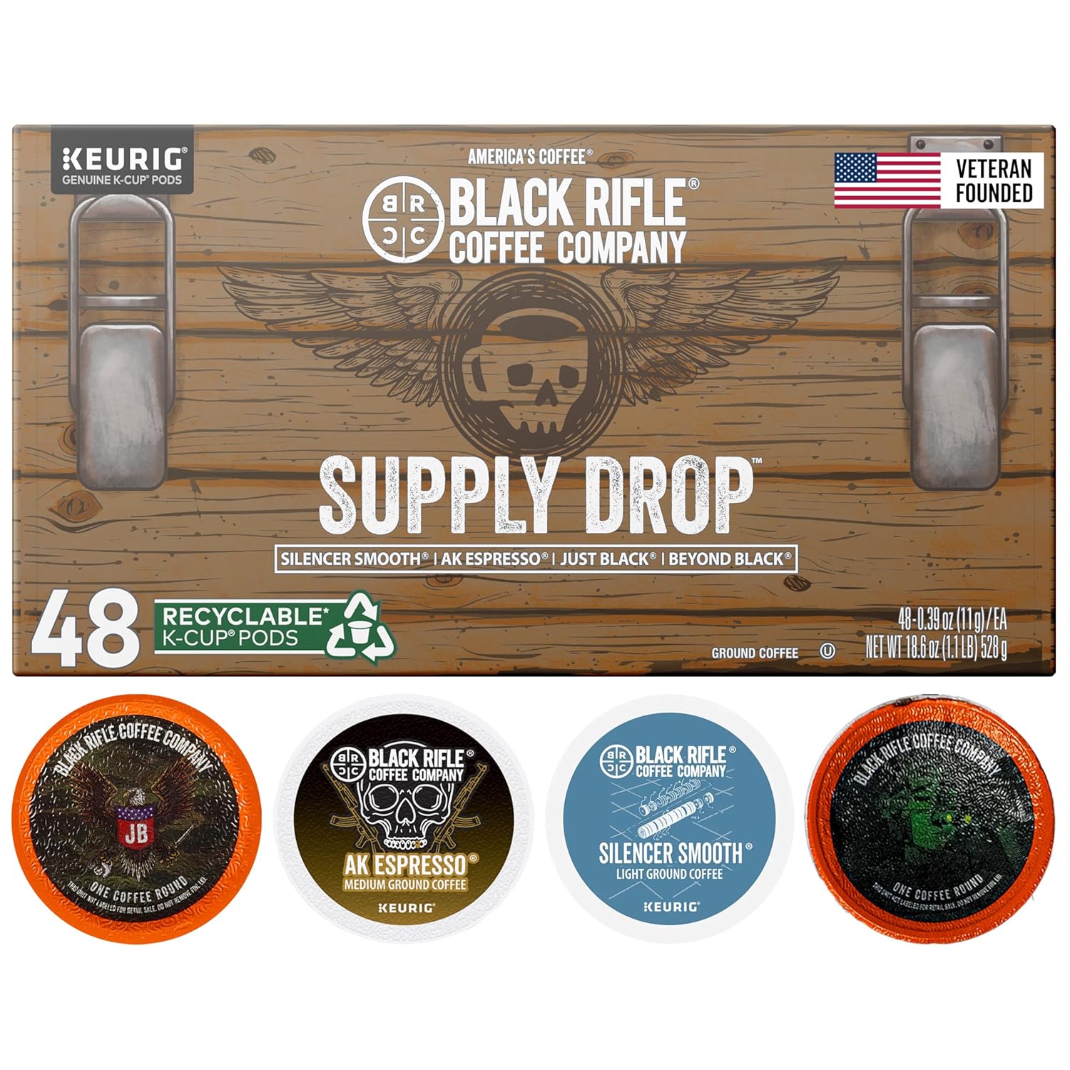 Black Rifle Coffee Company variety pack with 48 K Cups, including Silencer Smooth, AK Espresso, Just Black, and Beyond Black