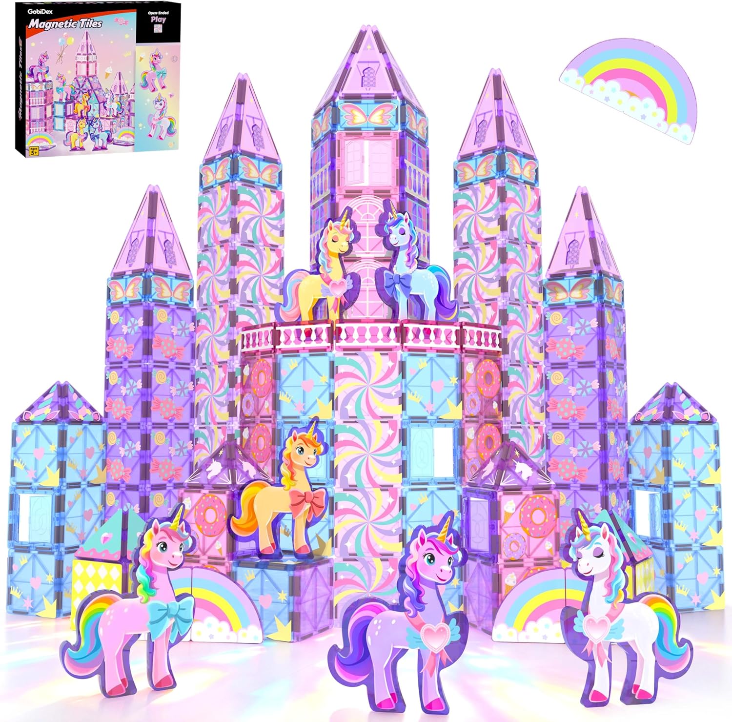 GobiDex 100PCS Unicorn Magnetic Tiles with 6 Unicorns, Princess Castle Unicorn Toys for Girls Age 4-6, Magnetic Building Blocks Toys for 3 4 5 Year Old Girl Birthday Gifts