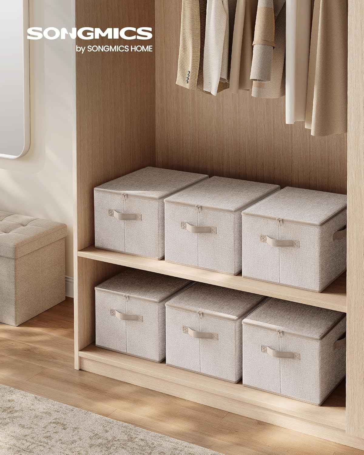 SONGMICS Foldable Storage Organizer Boxes, Set of 3 Storage Basket Bins with Lids, Handles, Clothes Organizer, 15.7 x 11.8 x 9.8 Inches, Non-Woven Fabric, Summer Sand URZB003K01