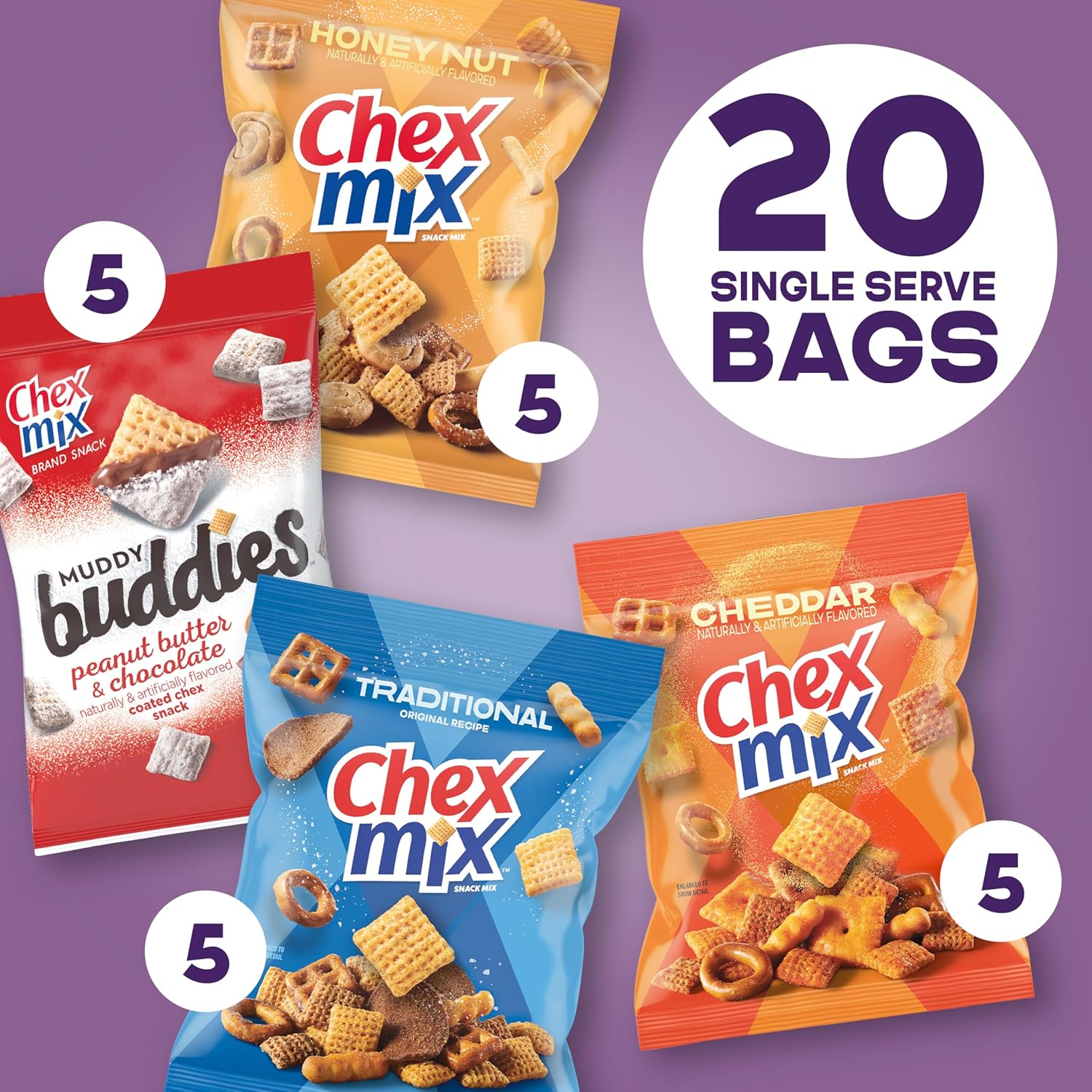 20-count Muddy Buddies and Chex Mix variety pack, 35 oz, sweet and salty snack mix
