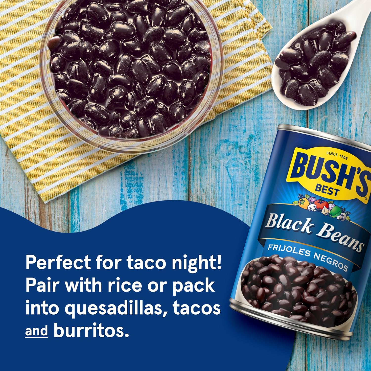 Bush's Best 15 oz canned black beans, gluten-free, low fat, source of plant-based protein and fiber, pack of 12