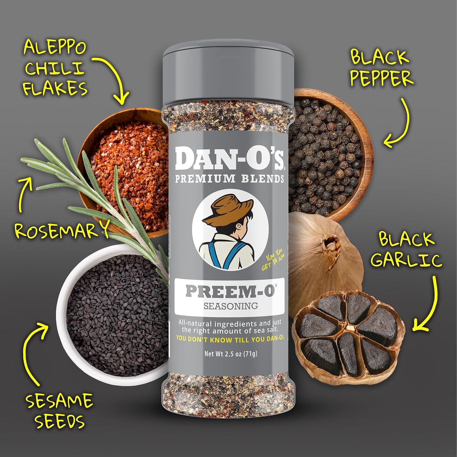 Dan-O's Preem-O Seasoning 2.5 oz, Meat Seasoning for Steak, Ribs, Chicken, Brisket, Sugar Free, Zero Calorie