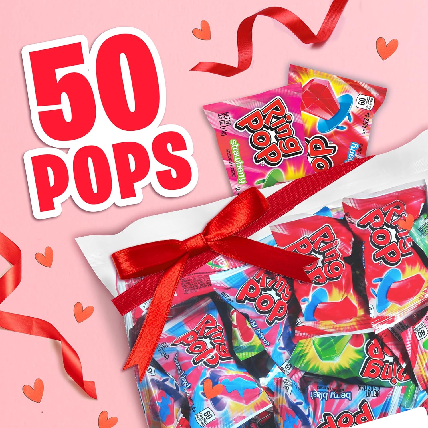 Ring Pop Candy, assorted fruity flavors, 50-count, full-size party favors for birthday celebrations and gifts
