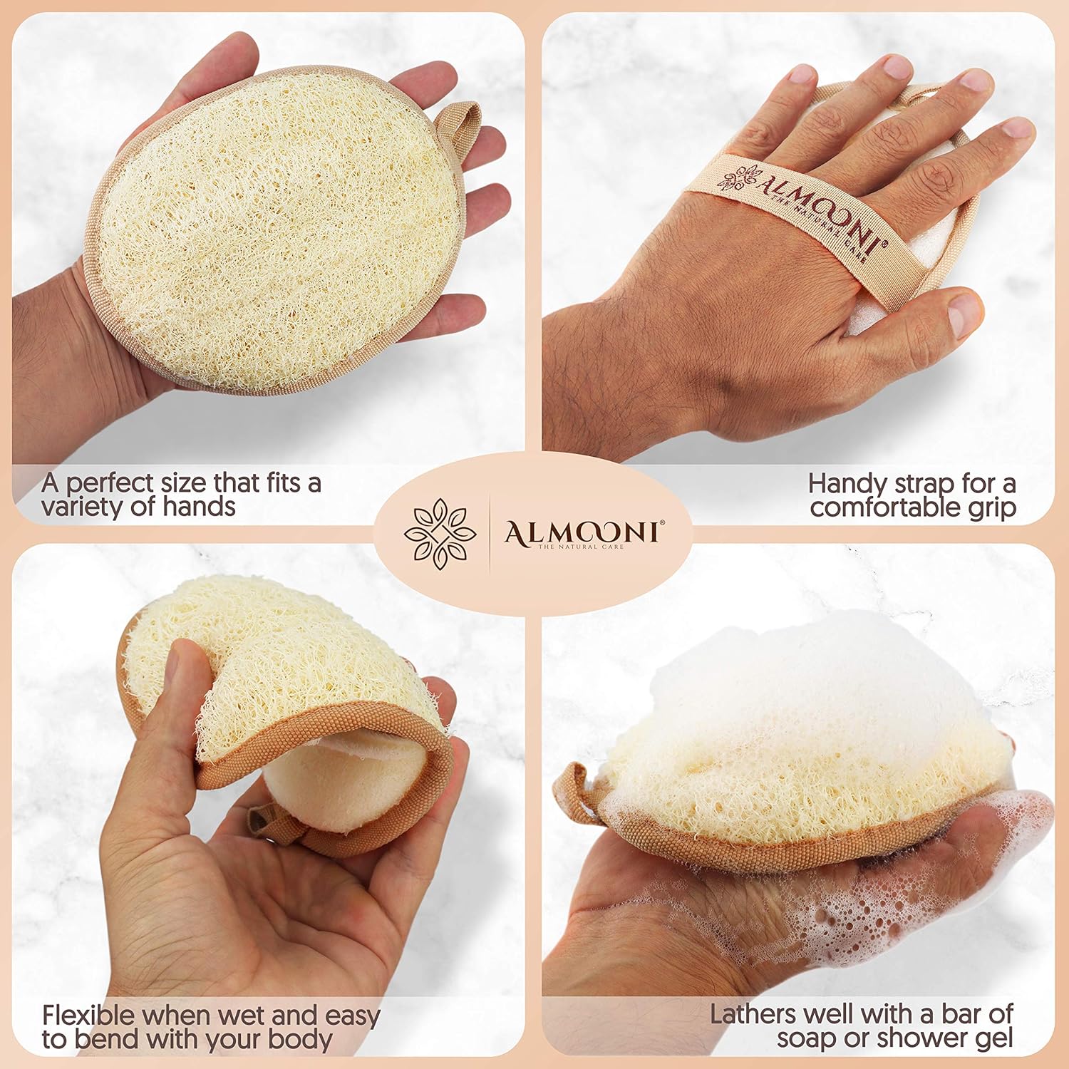almooni natural loofah exfoliating body scrubber, 2-count pack, for women and men with natural egyptian loofah sponge