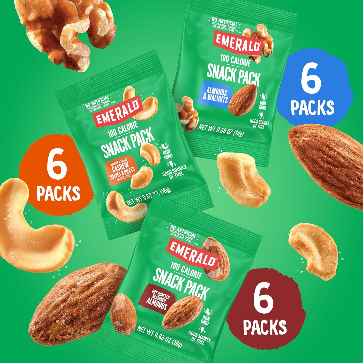 emerald nuts 18ct mixed nuts variety pack 100-calorie individual packs dry roasted almonds natural almonds walnuts roasted salted cashews