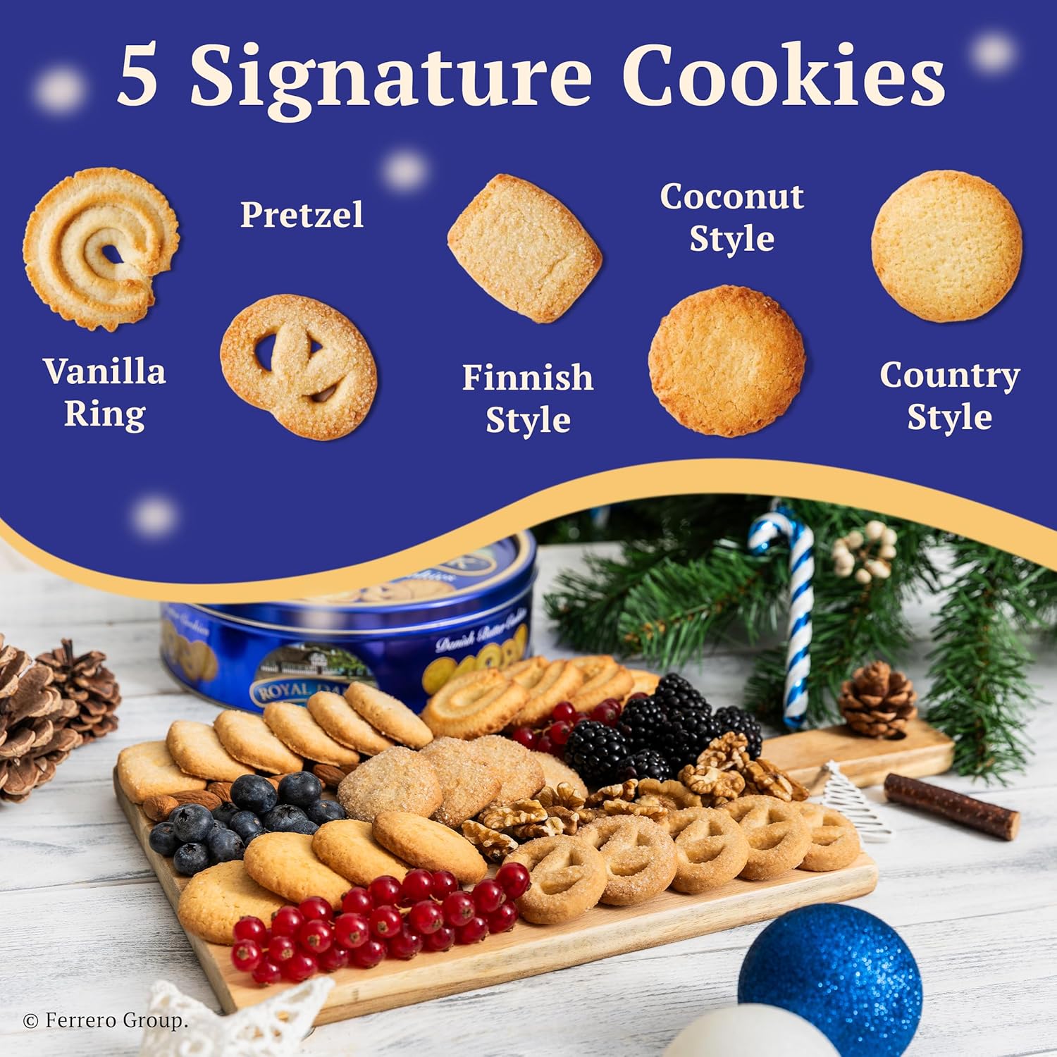 Royal Dansk Danish Butter Cookies, assorted Christmas gift tin, 24 oz, premium quality, reusable tin