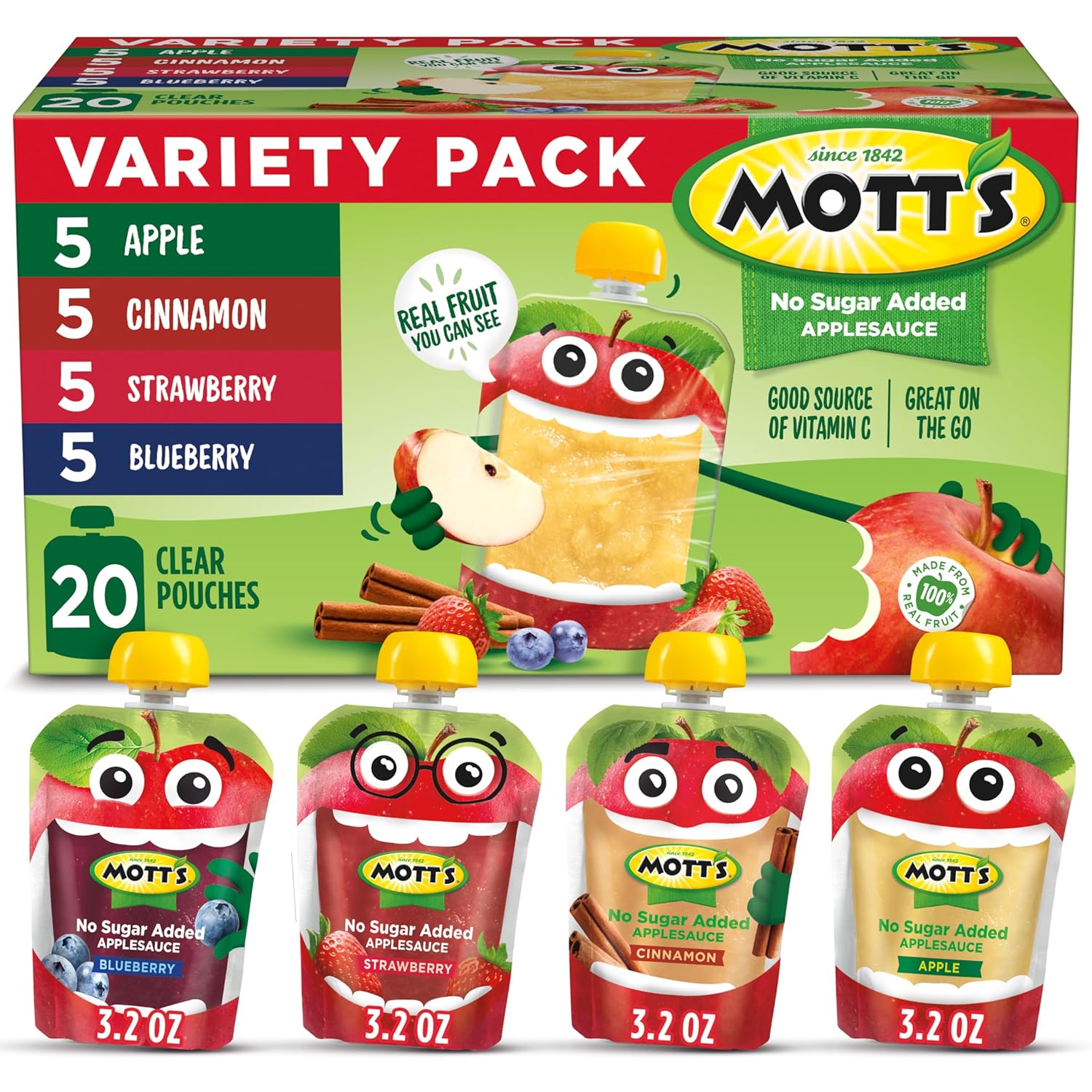motts no sugar added applesauce variety pack, 4 flavors - apple, strawberry, cinnamon & blueberry, made from real fruit, 20 pack