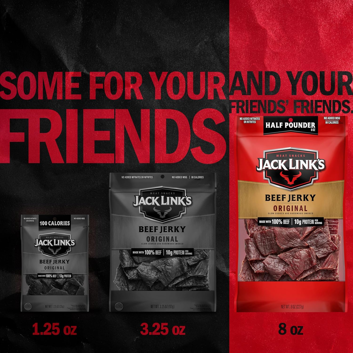 jack links beef jerky original half pounder large jerky bag, 10g protein, 100% beef