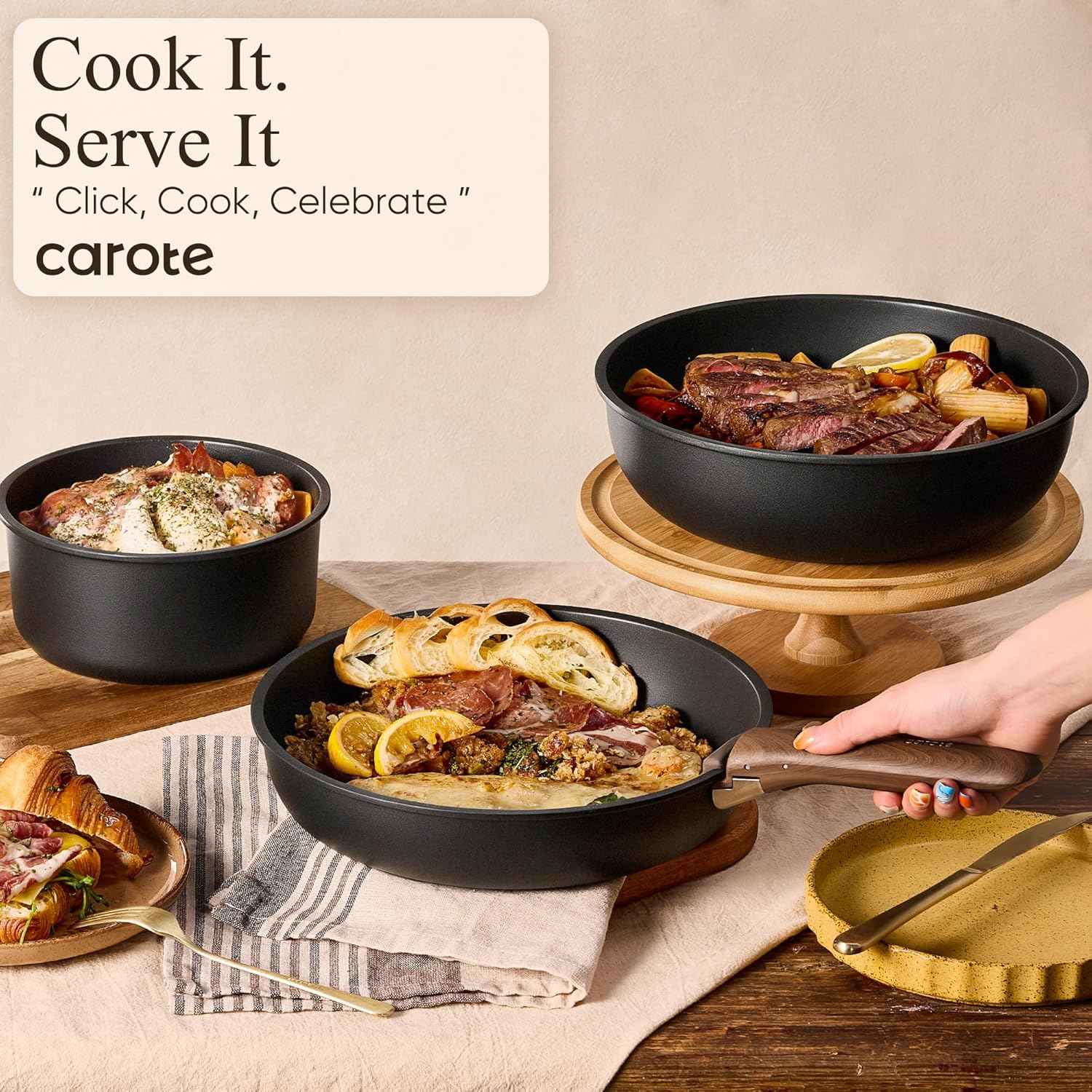 CAROTE 19pcs Pots and Pans Non Stick, Cookware Sets Detachable Handle, Induction Kitchen Pots and Pans,NonStick Cooking Set, Oven/Dishwasher/Fridge Safe, Space Saving
