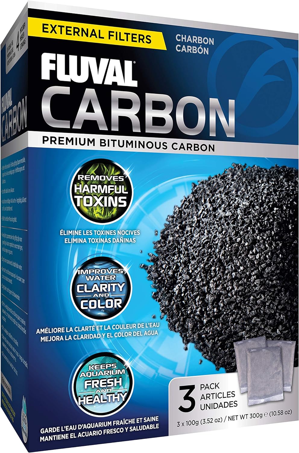 Fluval premium bituminous carbon filter media for aquariums, 3-count 100-gram nylon bags, pack of 1