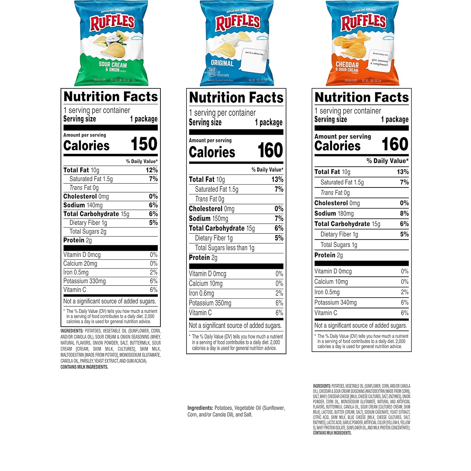 ruffles potato chips variety pack, 40-count, original, sour cream & onion, cheddar sour cream