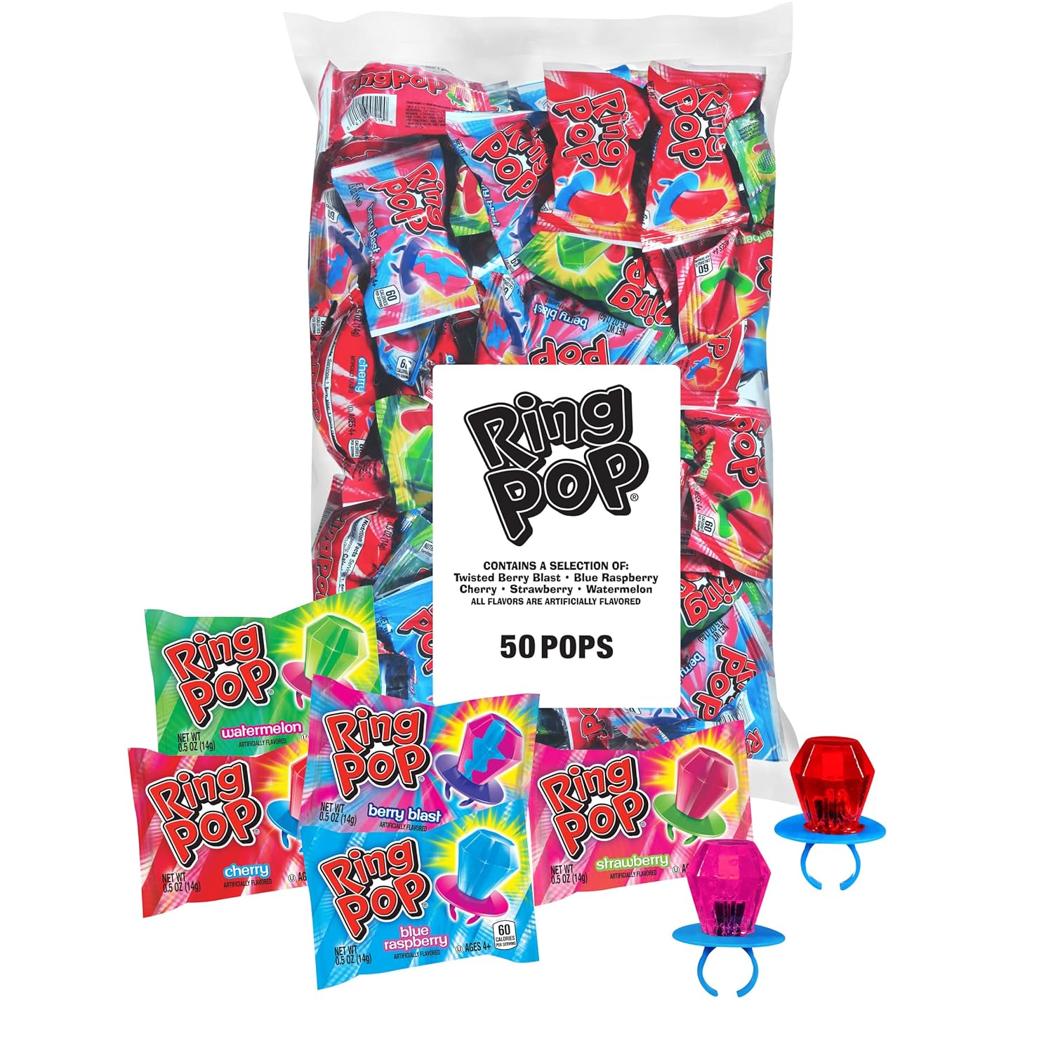 Ring Pop Candy, assorted fruity flavors, 50-count, full-size party favors for birthday celebrations and gifts