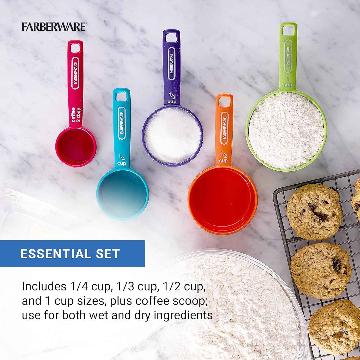 FARBERWARE 5-Piece Measuring Cup Set with Coffee Scoop, Durable Plastic Nesting Measuring Cups with Easy-Read Markings, BPA-Free, Dishwasher Safe
