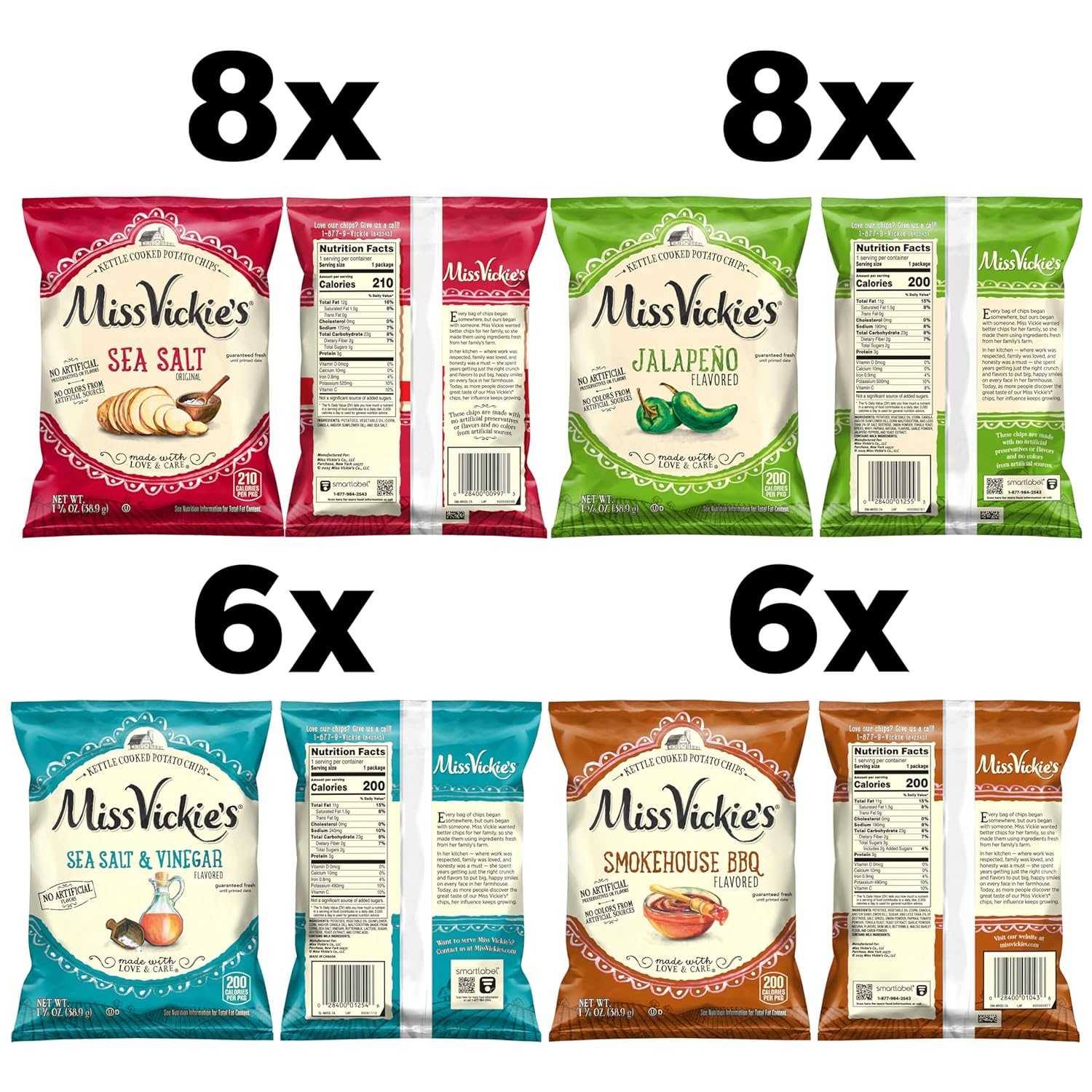 Miss Vickie's Kettle Cooked Potato Chips, Variety Pack, 1.375 Ounce (Pack of 28) with 4 Farm-Inspired Flavors