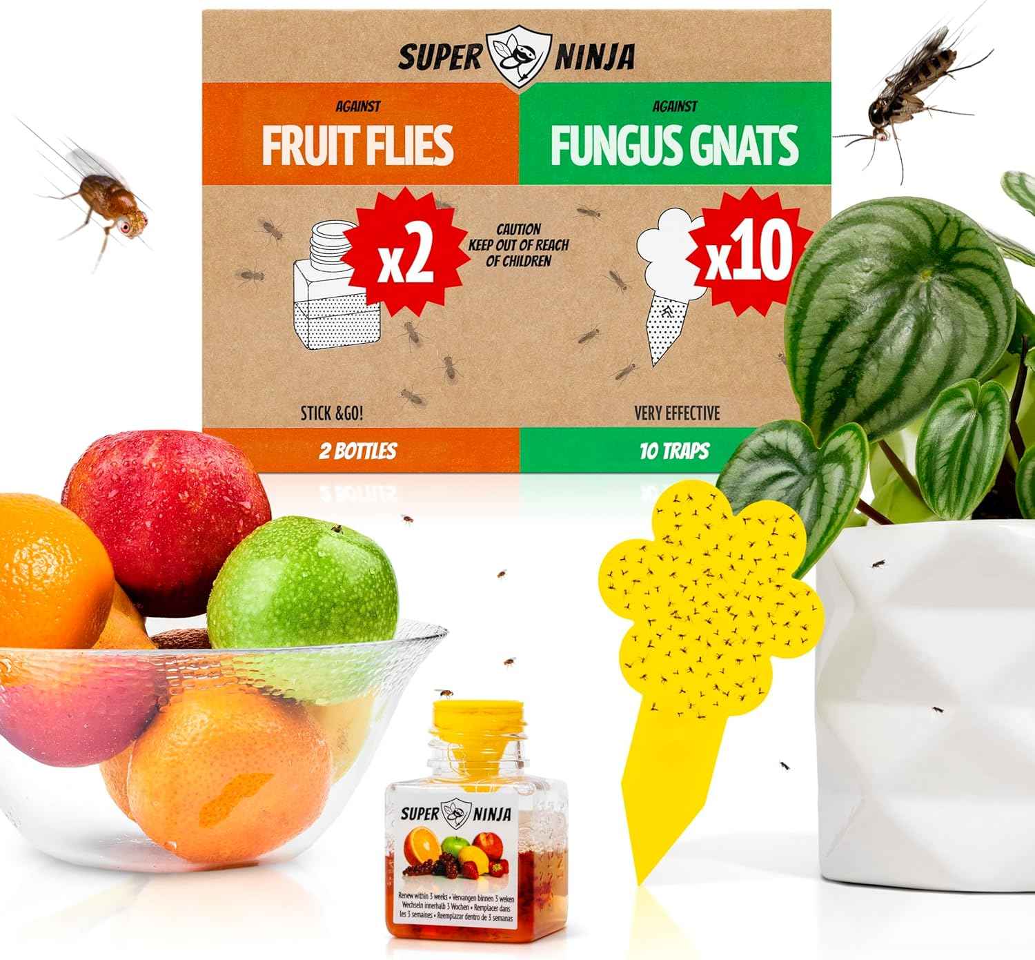 Super Ninja Fungus Gnat Traps - 30 Pack, Highly Effective Gnat Traps for House Indoor, Yellow Sticky Trap for Plants, Non-Toxic & Nature-Friendly, Up to 3 Months