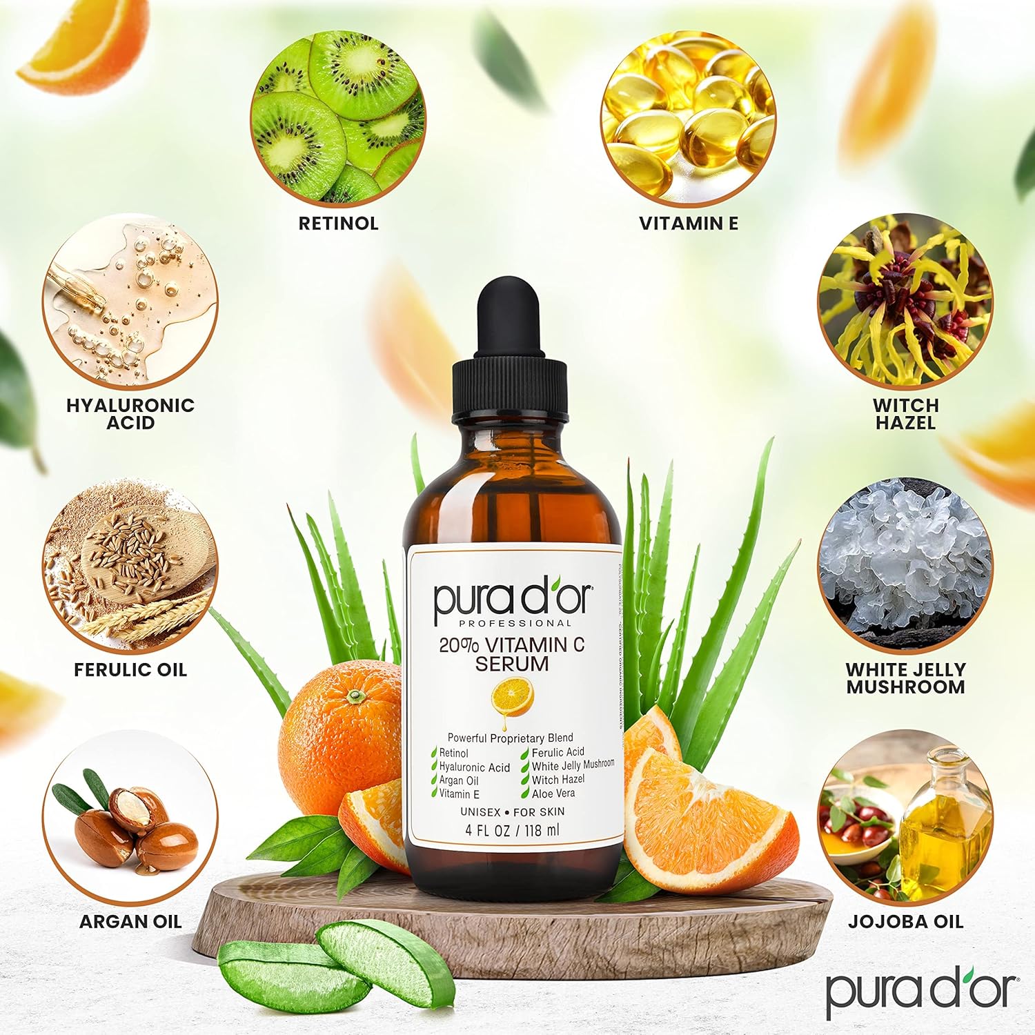pura d'or 20% vitamin c serum 4 oz - lightweight, retinol, hyaluronic acid, ferulic acid treatment for face & eyes - men & women