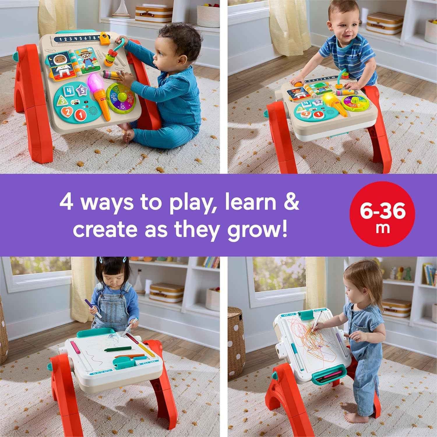 Fisher-Price Baby & Toddler Toy Laugh & Learn 4-in-1 Activity Table & Art Easel with Educational Music for Ages 6+ Months, Multilanguage Version