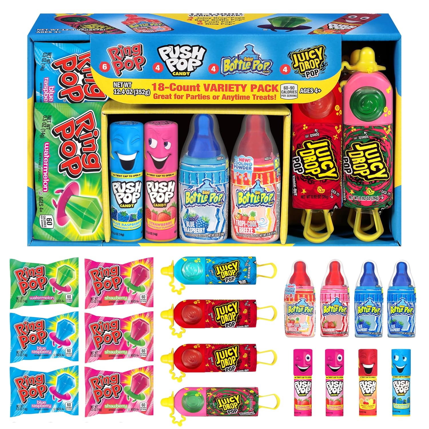 Bazooka Lollipops, 18-Count Assorted Valentine's Candy Variety Pack, Individually Wrapped Lollipops for Parties and Gifts