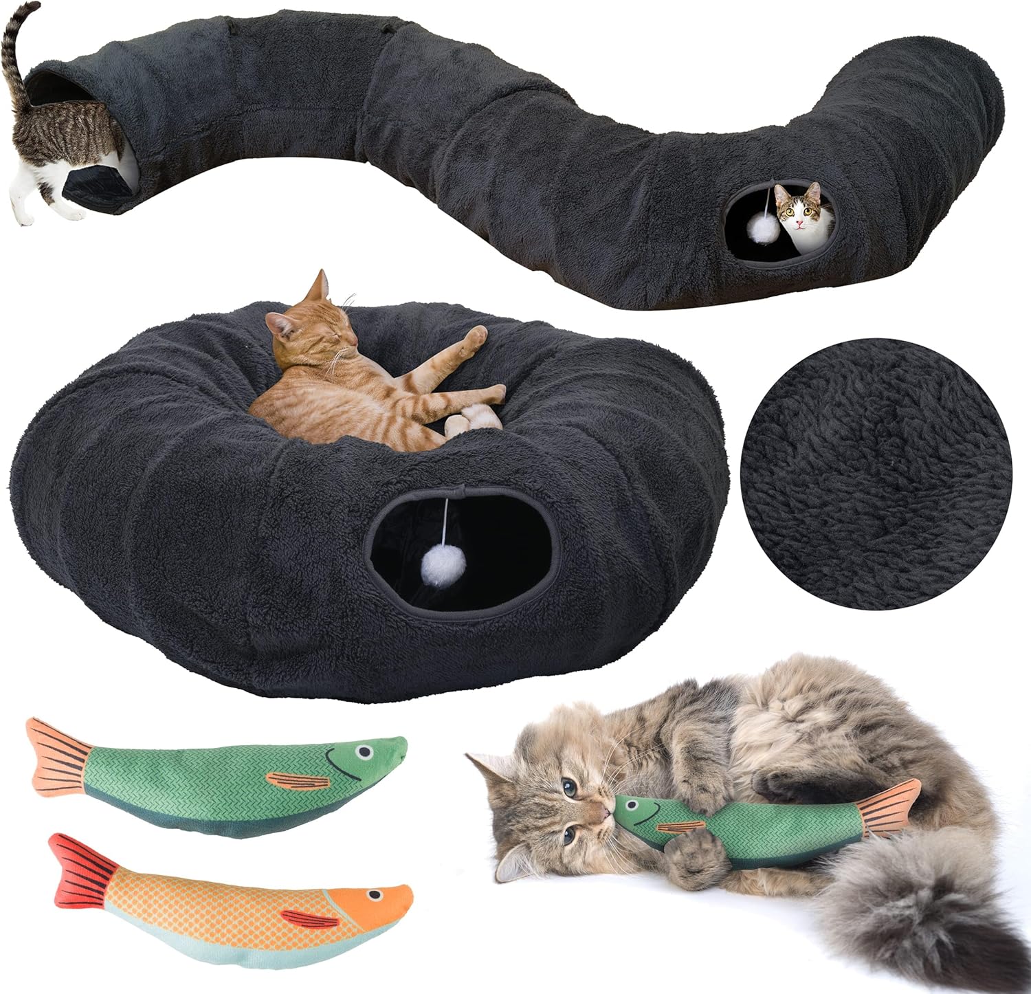 R1M Cat Donut Tunnel Bed Toy for Small and Larger Indoor Cats with Two Fish Toys, Brown